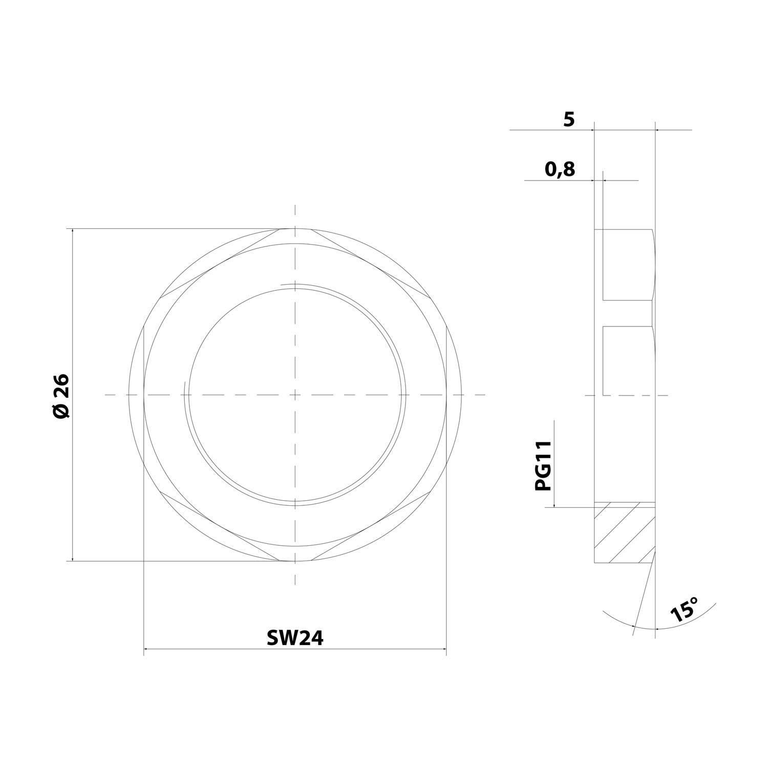 Technische Zeichnung einer kreisförmigen mechanischen Komponente mit Abmessungen: Außendurchmesser 26 mm, Seitenprofil mit einer Dicke von 0,8 mm, gekennzeichnet mit PG11 und SW24, im Winkel von 15 Grad.