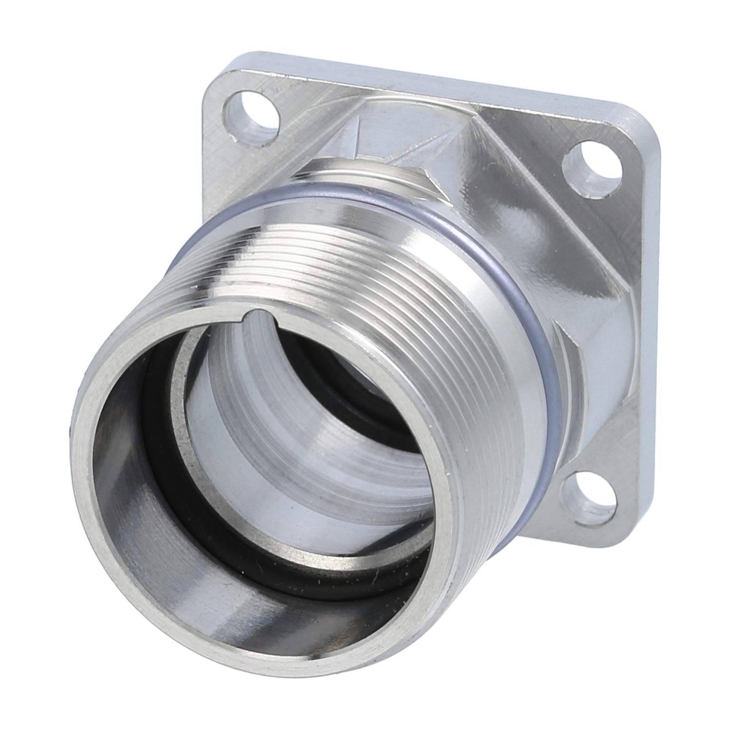 Eine silberfarbene Metallflansche mit Gewinde und vier Schraubenlöchern, konstruiert für sichere Befestigung an Oberflächen. Verwendet für Sanitär- oder mechanische Verbindungen.