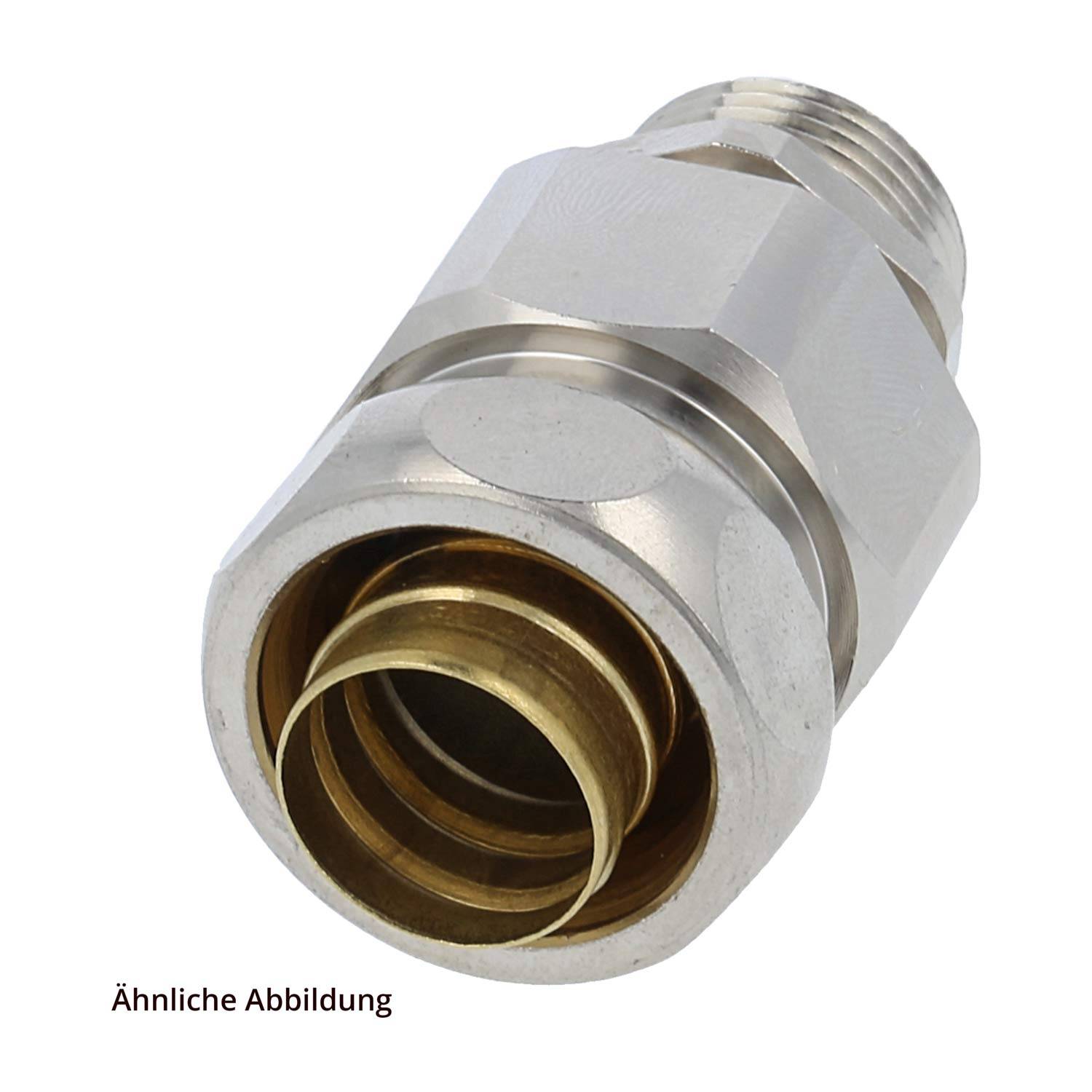 Ein metallisches Industriearmaturen mit gerillten Kanten und goldenem Innenbereich, von einem Winkel gezeigt. Deutscher Text darunter liest sich 