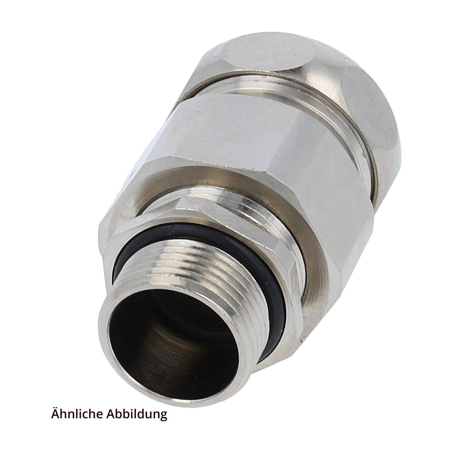 Ähnliche Abbildung' - Eine Kabelverschraubung aus Metall, die zum Sichern und Schützen von Kabeln beim Eintritt in Geräte verwendet wird und Gewindeanschlüsse aufweist.