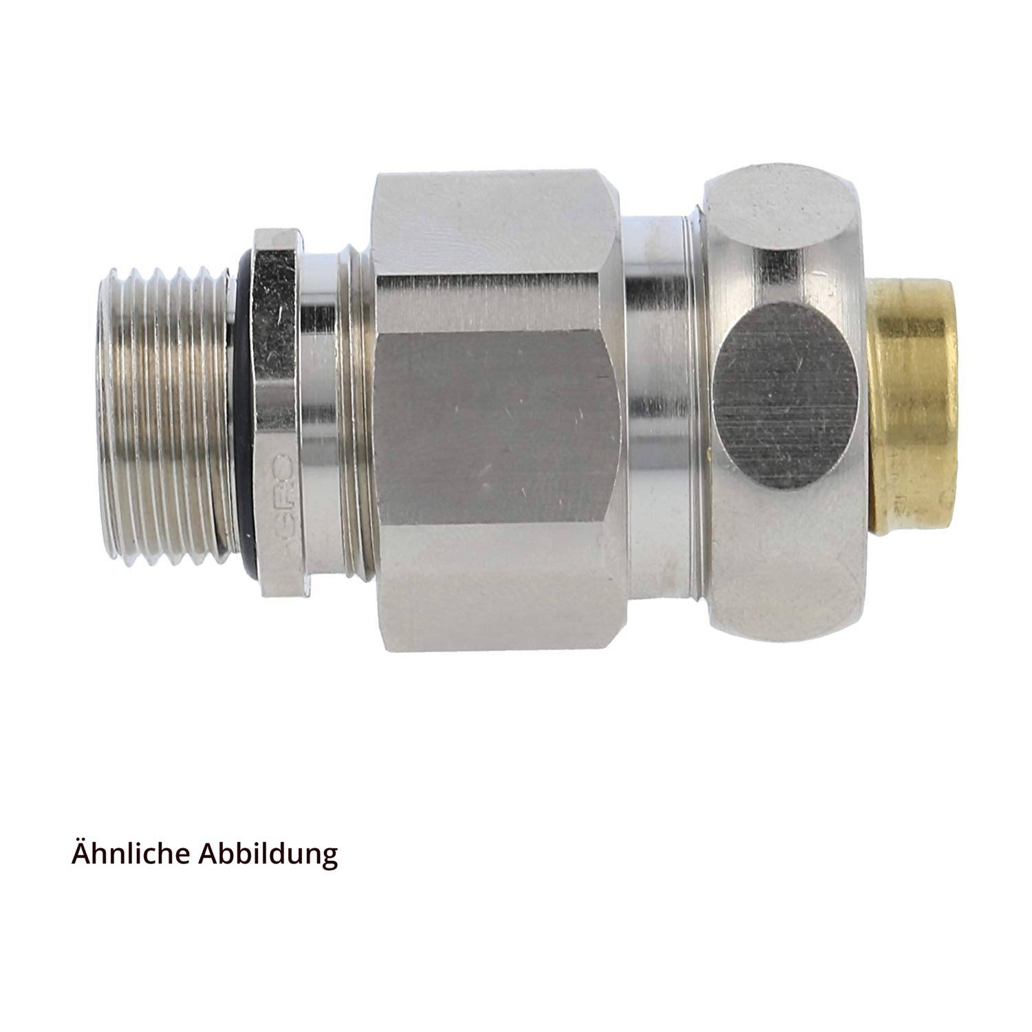 Ein metallischer, zylinderförmiger Verbinder mit Gewinde, wahrscheinlich für Rohrleitungs- oder hydraulische Systeme verwendet, mit deutschem Text 'Ähnliche Abbildung'.