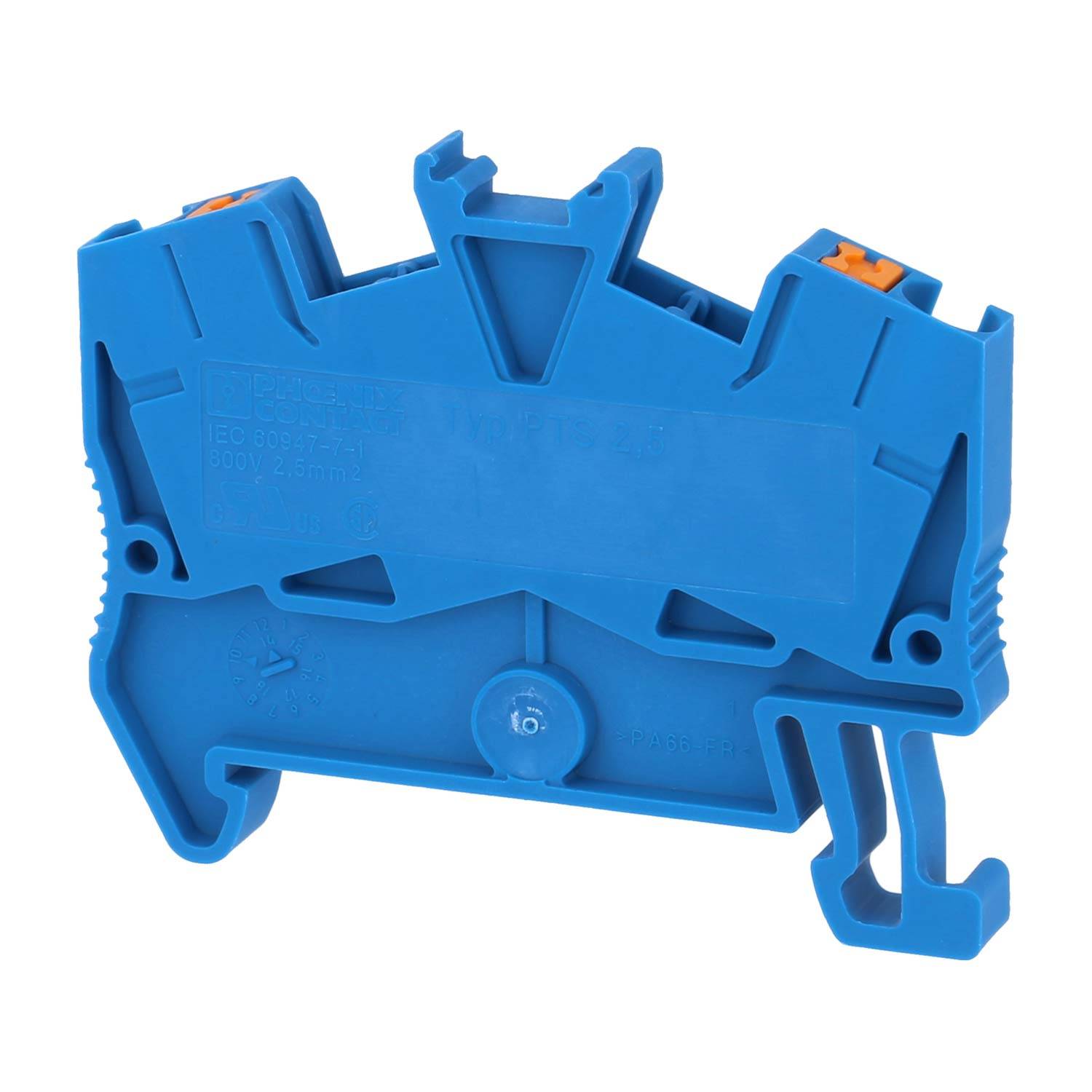 Blauer Elektroklemmenblock mit Befestigungsclip, konzipiert zum Verbinden und Sichern von Elektroleitungen in industriellen oder privaten Anwendungen.