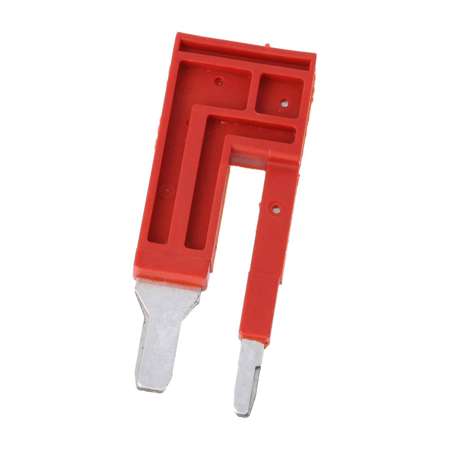Ein rotes Keramik-Sicherungselement mit Metallstiften, mit rechteckigem Design und mehreren Fächern, verwendet für elektrische Verbindungen.