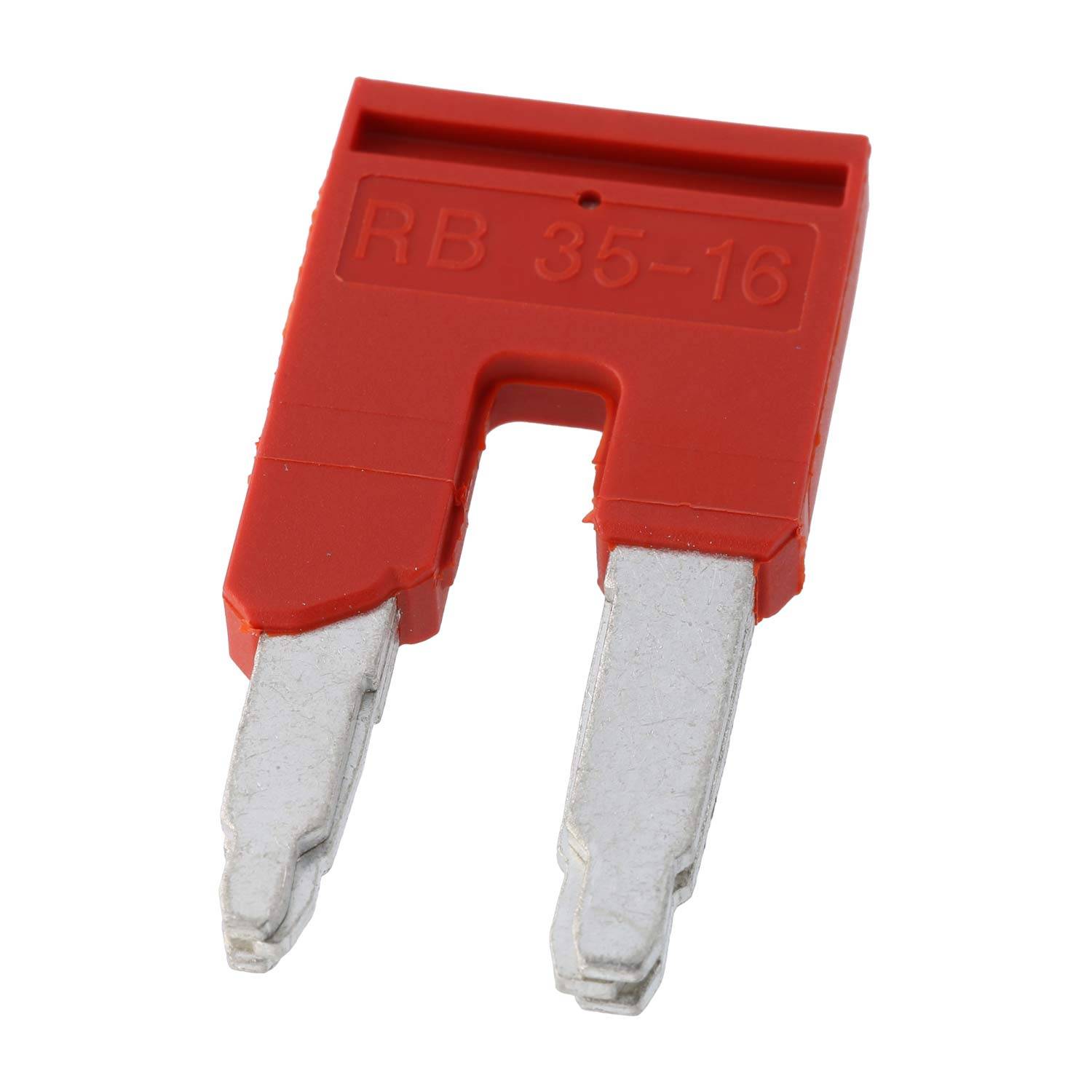 Eine rote Elektrische Sicherung mit zwei Metallkontakten, bezeichnet mit „RB 35-16