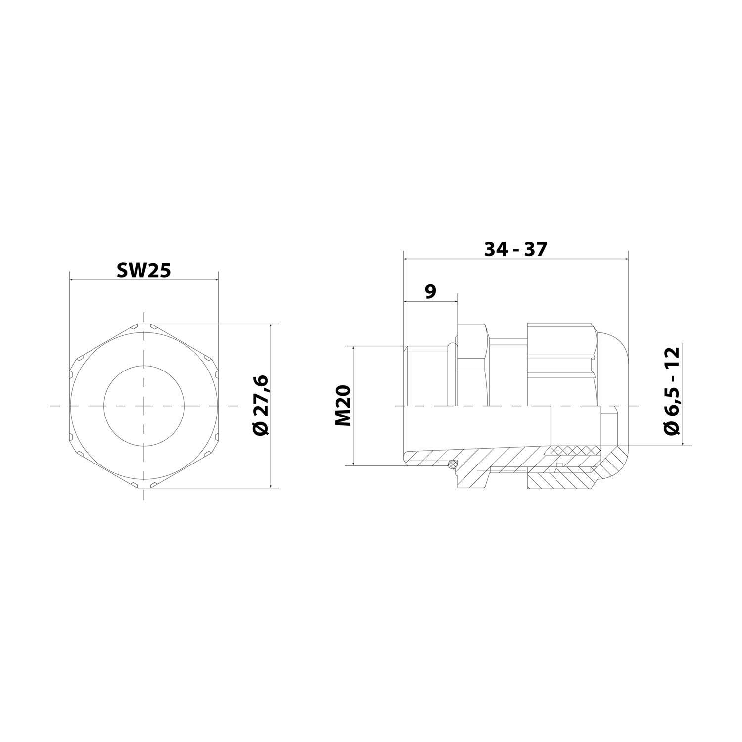 Technische Zeichnung mit Abmessungen einer mechanischen Komponente. Linke Seite Draufsicht: SW25, Ø27,6. Rechte Seite Querschnitt: Länge 34-37, Ø6,5-12, M20, mit verschiedenen geometrischen Details.