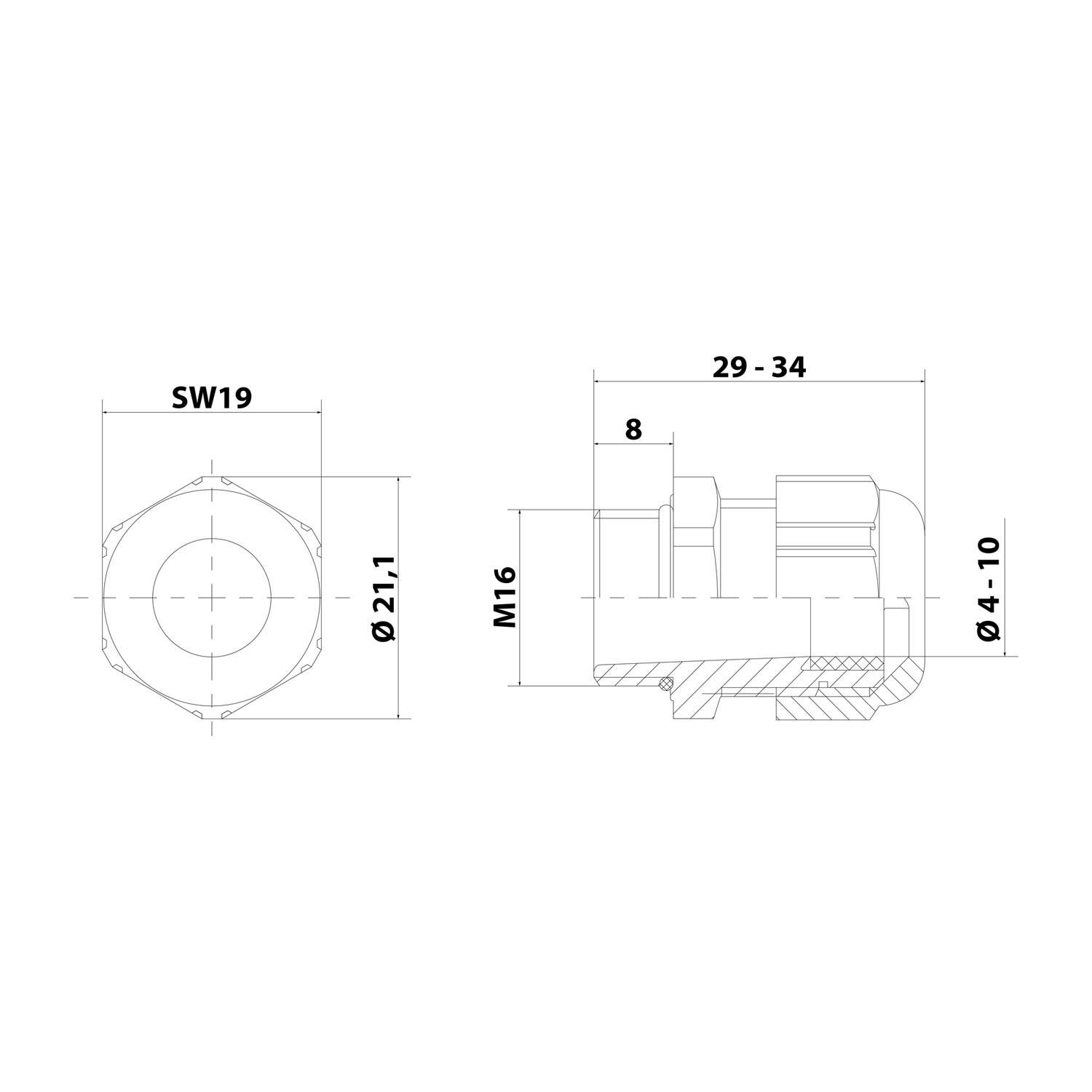 Technische Zeichnung eines mechanischen Bauteils mit Maßen: SW19, Ø21,1, M16, Länge 29-34, Ø4-10, Höhe 8. Seiten- und Draufsicht dargestellt.