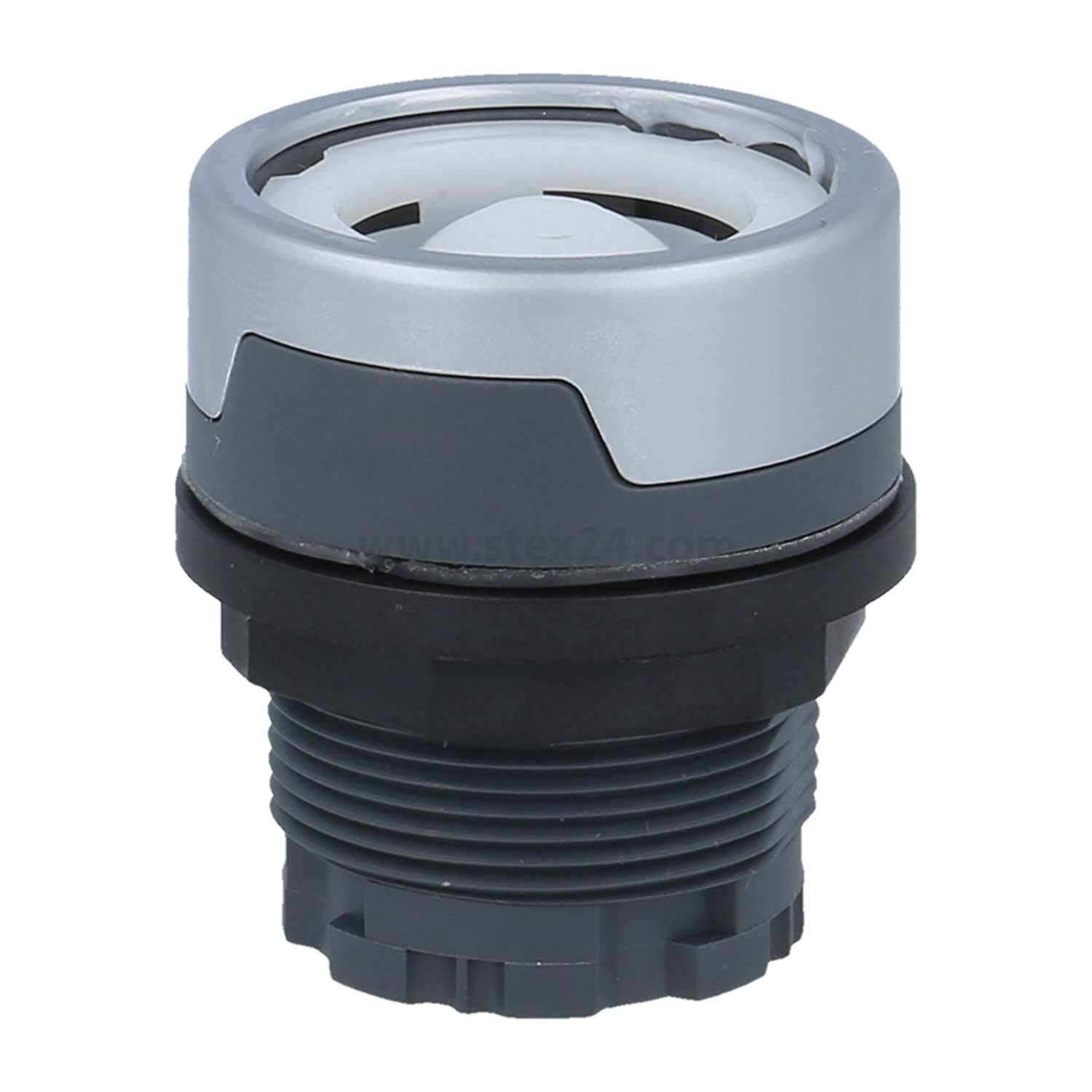 Ein Druckschalter mit einem silber-schwarzen Gehäuse, vorgesehen für elektronische Geräte, der eine kreisförmige Gestaltung und Einfassungsrillen zur Installation aufweist.