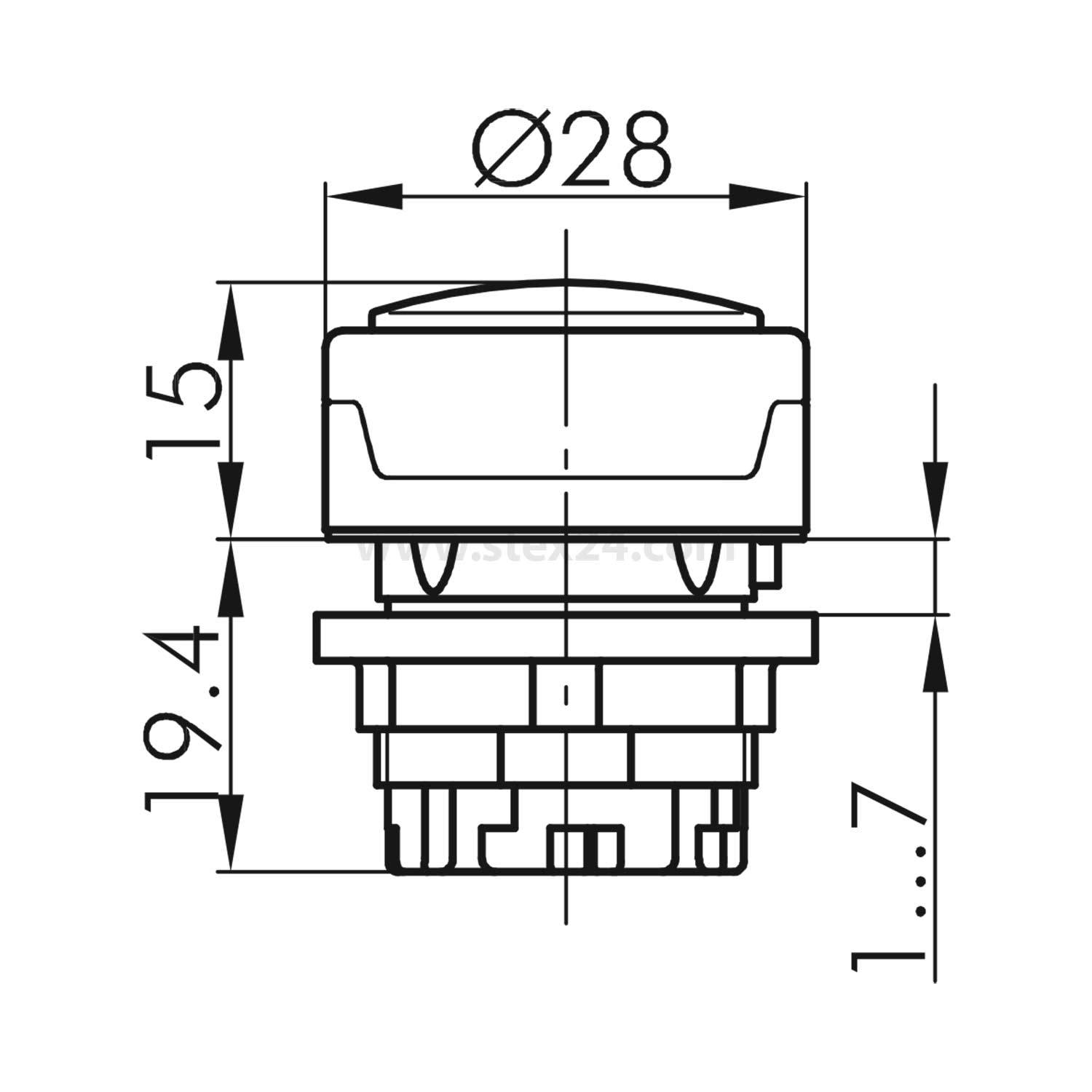 Diagramm eines Knopfes mit Abmessungen: Durchmesser 28 mm, Höhe 19,4 mm, zusätzliche Teilhöhen 1,7 mm und 15 mm.