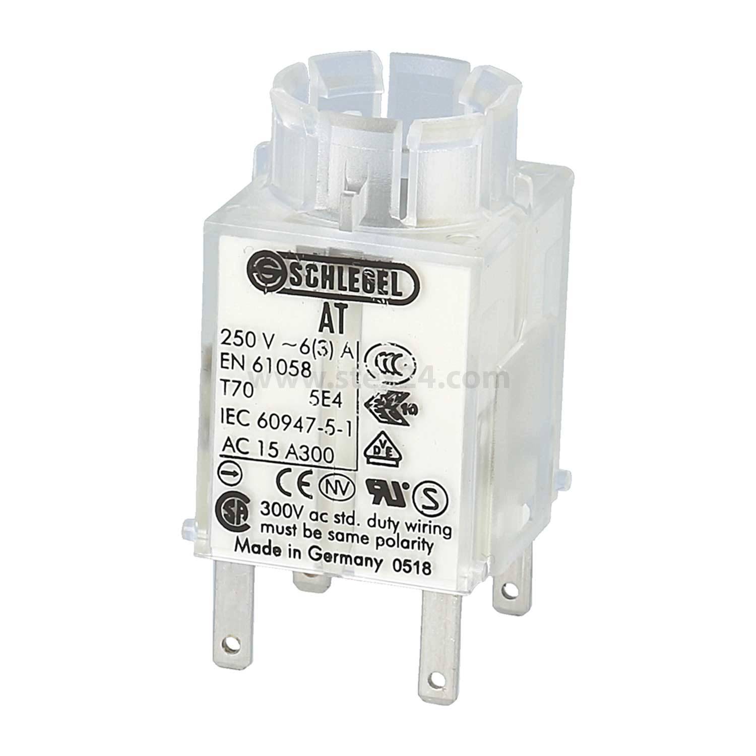 Schlegel AT-Drucktastenschalter, 250V, 6(3)A, gekennzeichnet mit EN 61058, IEC 60947-5-1 Normen, hergestellt in Deutschland, Mai 2018.