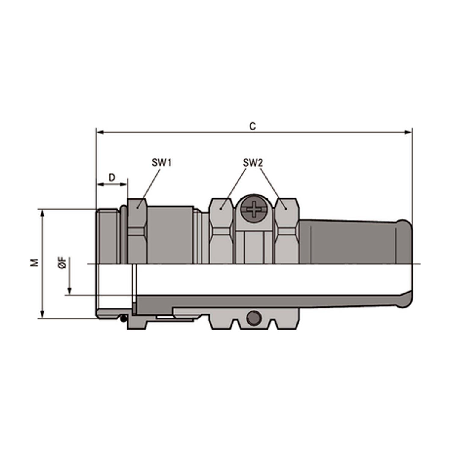 Eine technische Zeichnung einer mechanischen Komponente mit den Abmessungen C, D, M und den Abständen SW1, SW2. Sie zeigt eine Querschnittsansicht von der Seite.