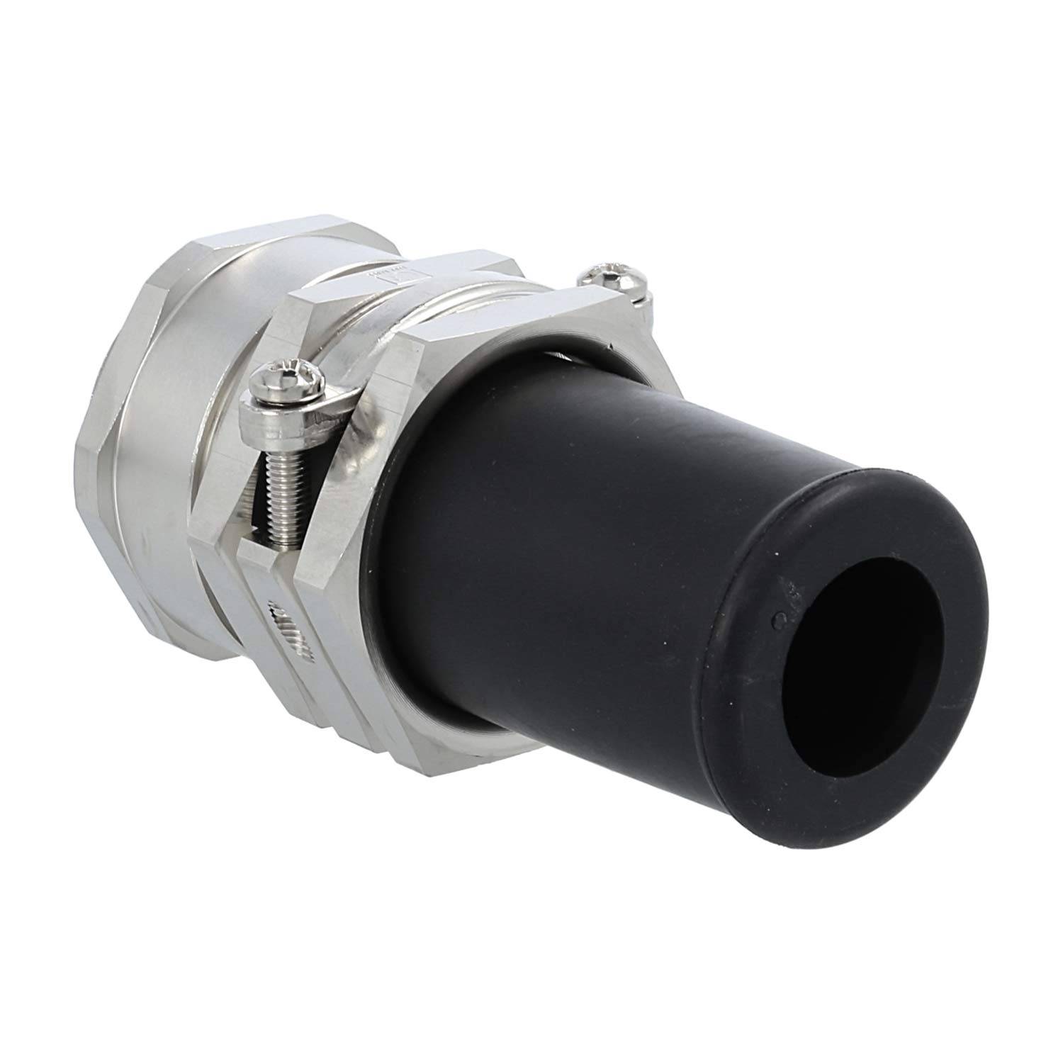 Ein metallischer Kabelverschraubung mit schwarzem Gummi, entworfen zum Befestigen von Kabeln, zeigt eine robuste Konstruktion mit einer sechskantigen Kappe.