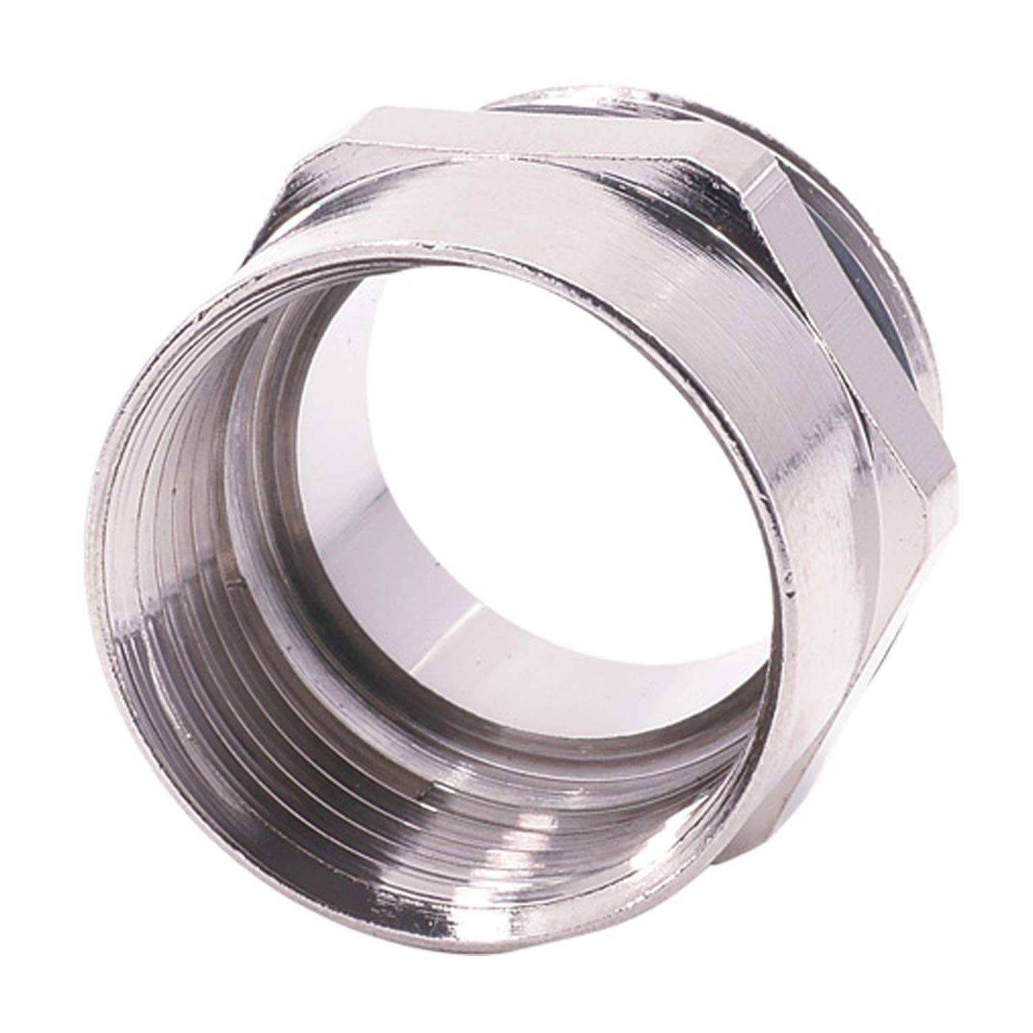 Ein glänzender Metallrohrverbinder mit Gewinde an den Enden und einem sechskantigen Mittelteil zum Festziehen.