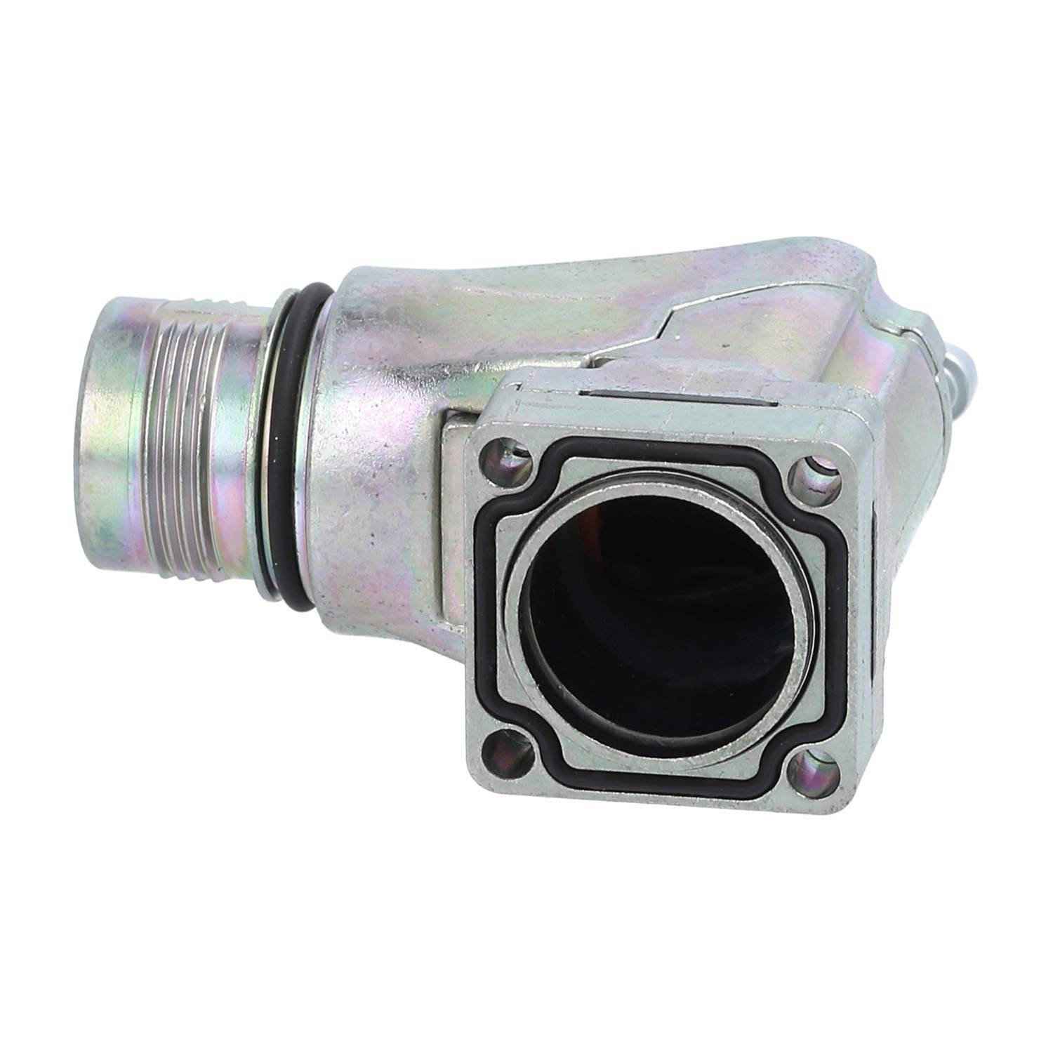 Eine metallische industrielle Rohrverschraubung mit gewindeter Endung und quadratischem Flansch, konzipiert zum Verbinden und Abdichten von Rohrabschnitten in Maschinen.