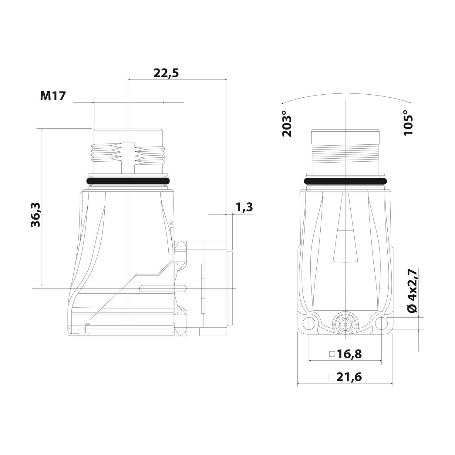 Eine technische Zeichnung zeigt eine mechanische Komponente mit Abmessungen: Höhe 36,3, Breite 22,5, Tiefe 16,8. Winkelposition vermerkt als 105°.