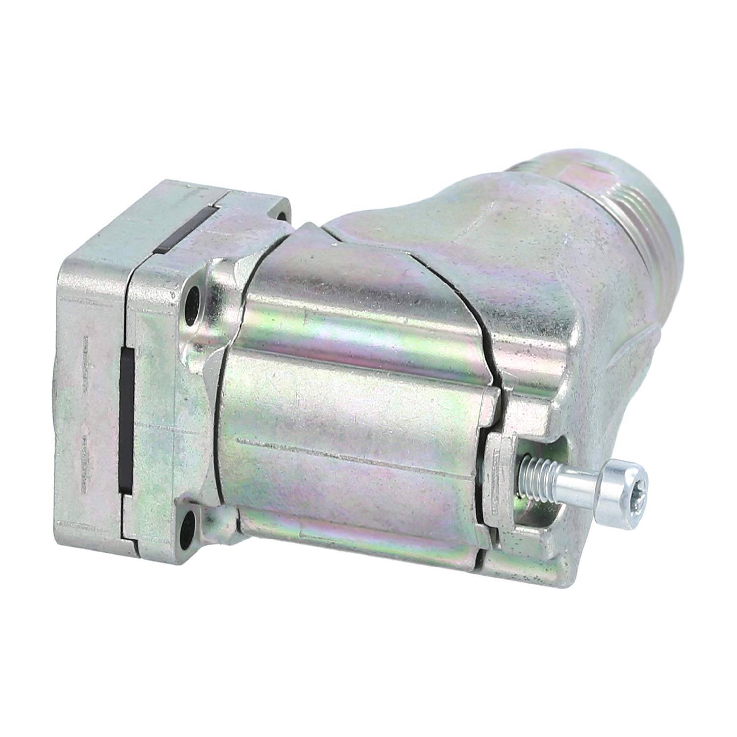 Eine metallische mechanische Komponente mit einer zylindrischen Form und angehängtem rechteckigen Stück, mit einem Bolzen an der Seite.