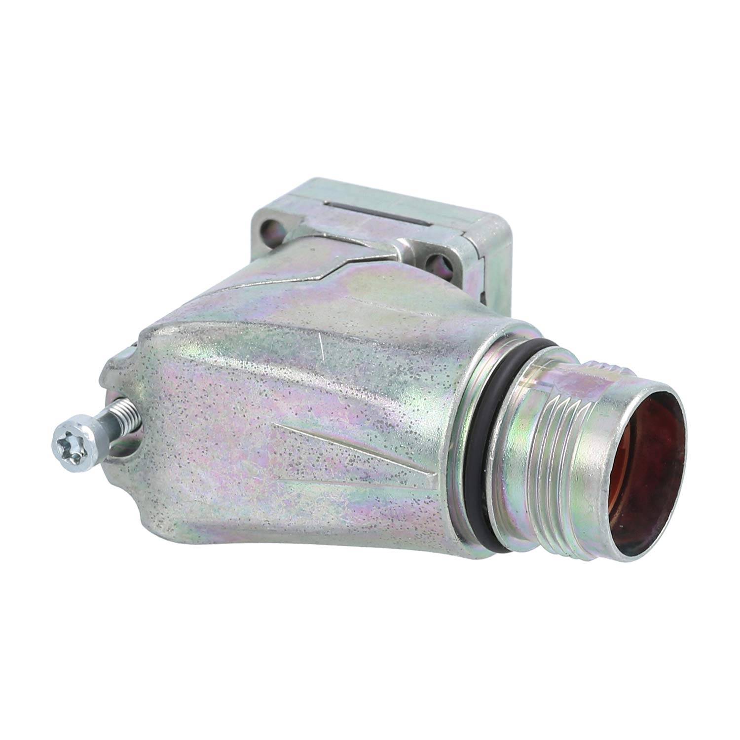 Ein metallischer industrieller Anschluss mit einem geflanschten Sockel und einer kreisförmigen Öffnung, der eine sichtbare Schraube zur Befestigung aufweist und für elektrische oder mechanische Zwecke konzipiert ist.