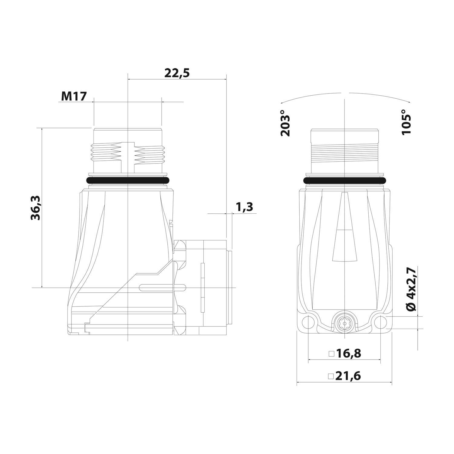 Technische Zeichnung eines Steckers. Zeigt Vorder- und Seitenansicht mit Abmessungen: 36,3 mm Höhe, 22,5 mm Breite, M17-Gewinde und Winkeldetails.