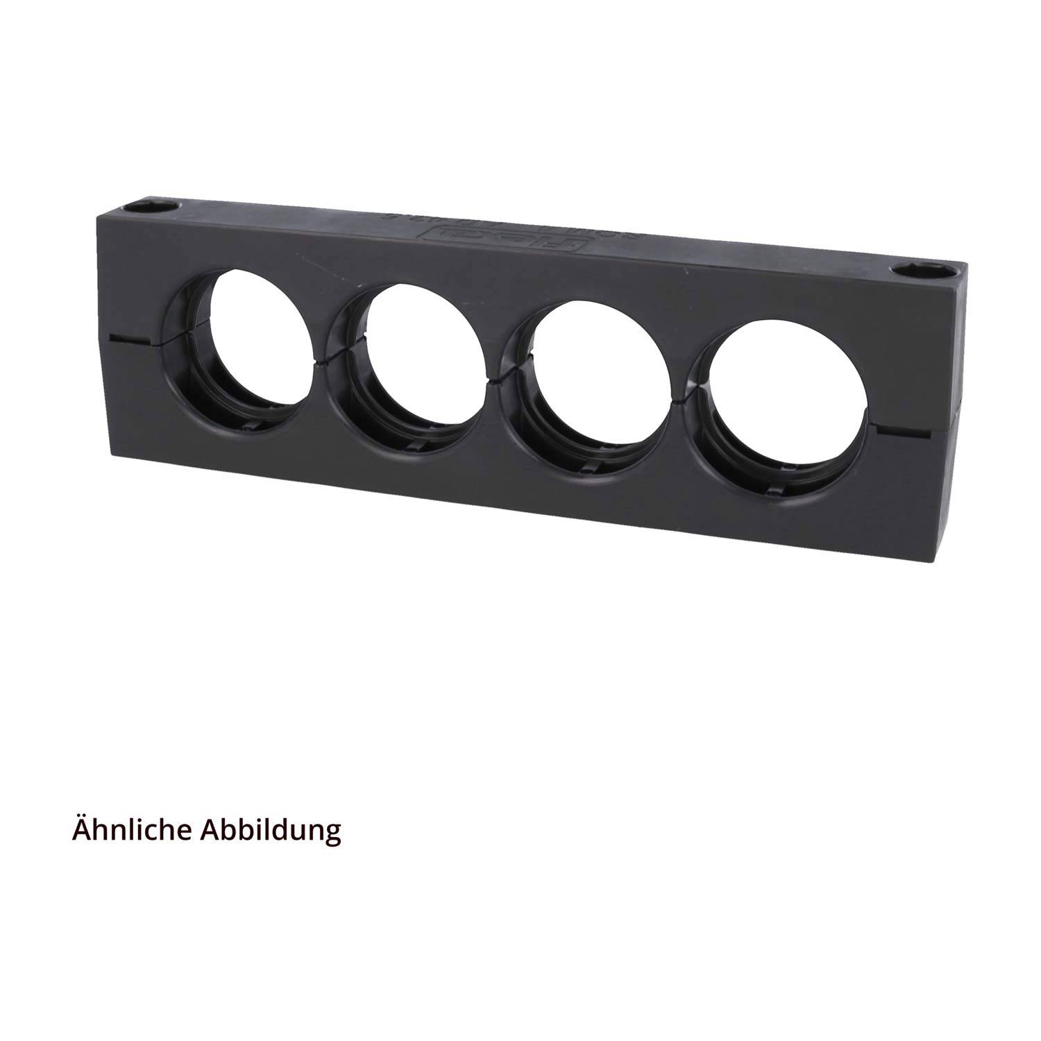 Eine rechteckige schwarze Kunststoffkomponente mit vier kreisförmigen Öffnungen in einer Reihe, darunter mit 