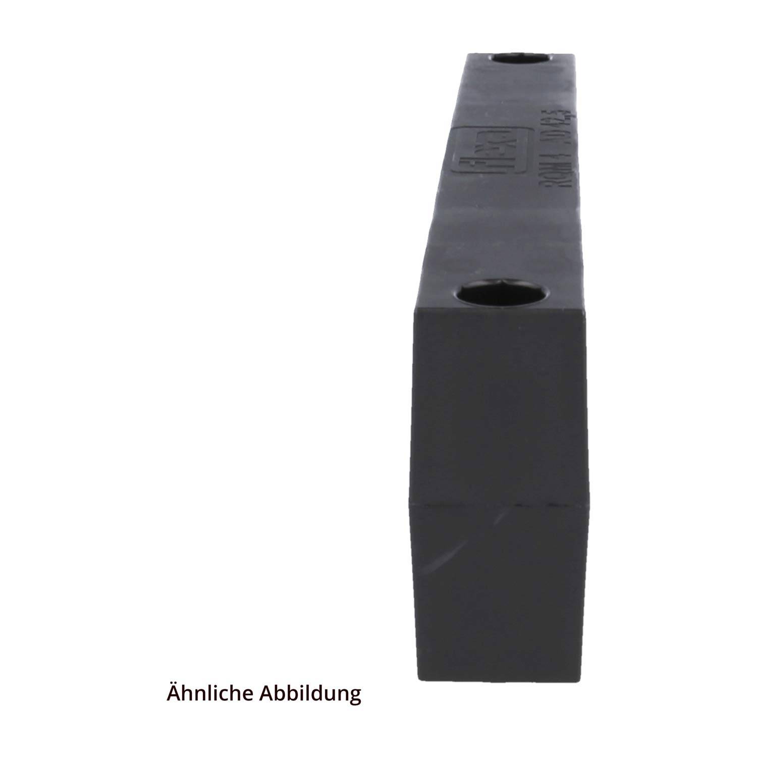 Schwarzer rechteckiger Gummiblock mit zwei Löchern auf der Oberseite. Der Text darunter liest 