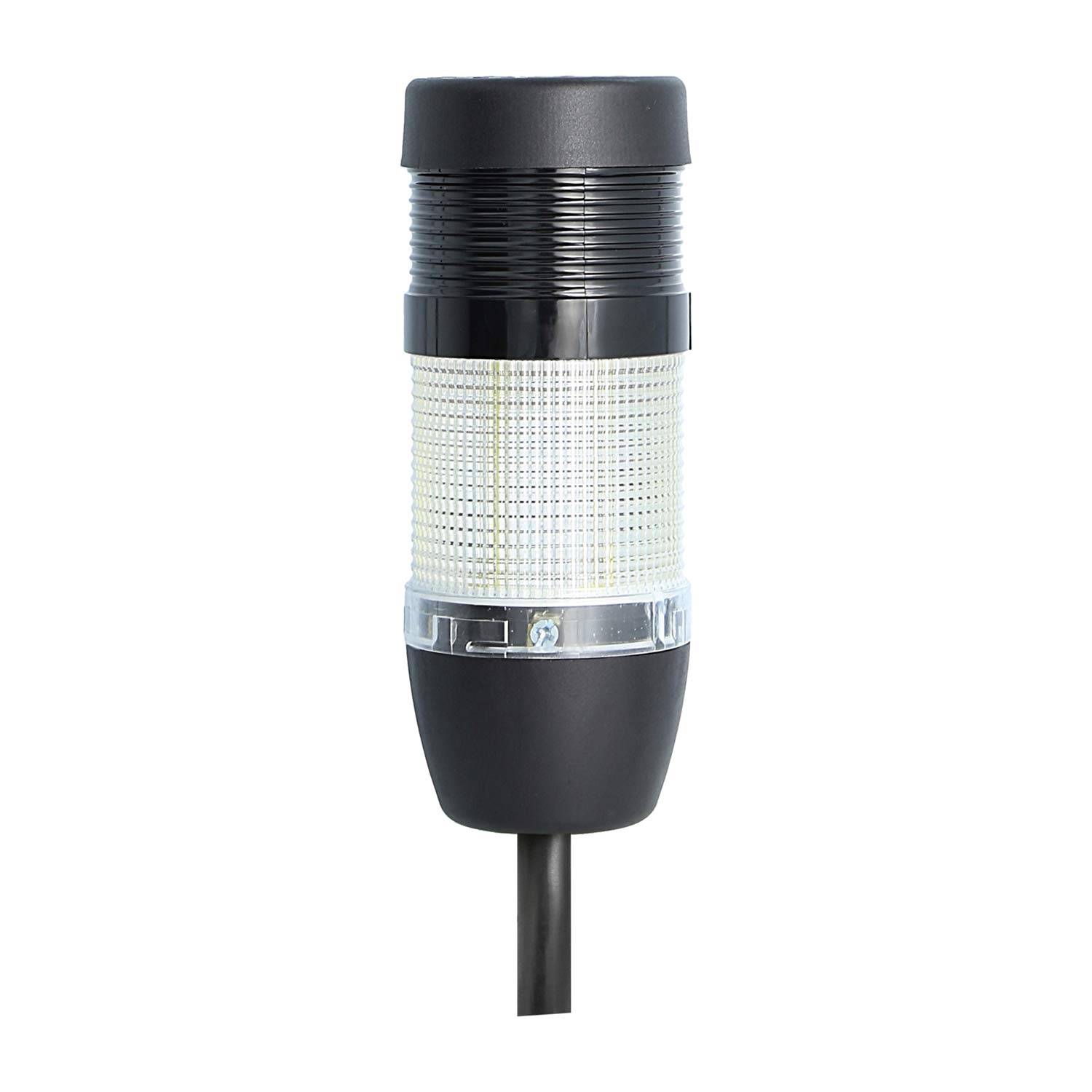 Eine schwarze und durchscheinende LED-Navigationslicht mit einer zylindrischen Form, für den Einsatz auf See konzipiert, vor einem schlichten weißen Hintergrund.