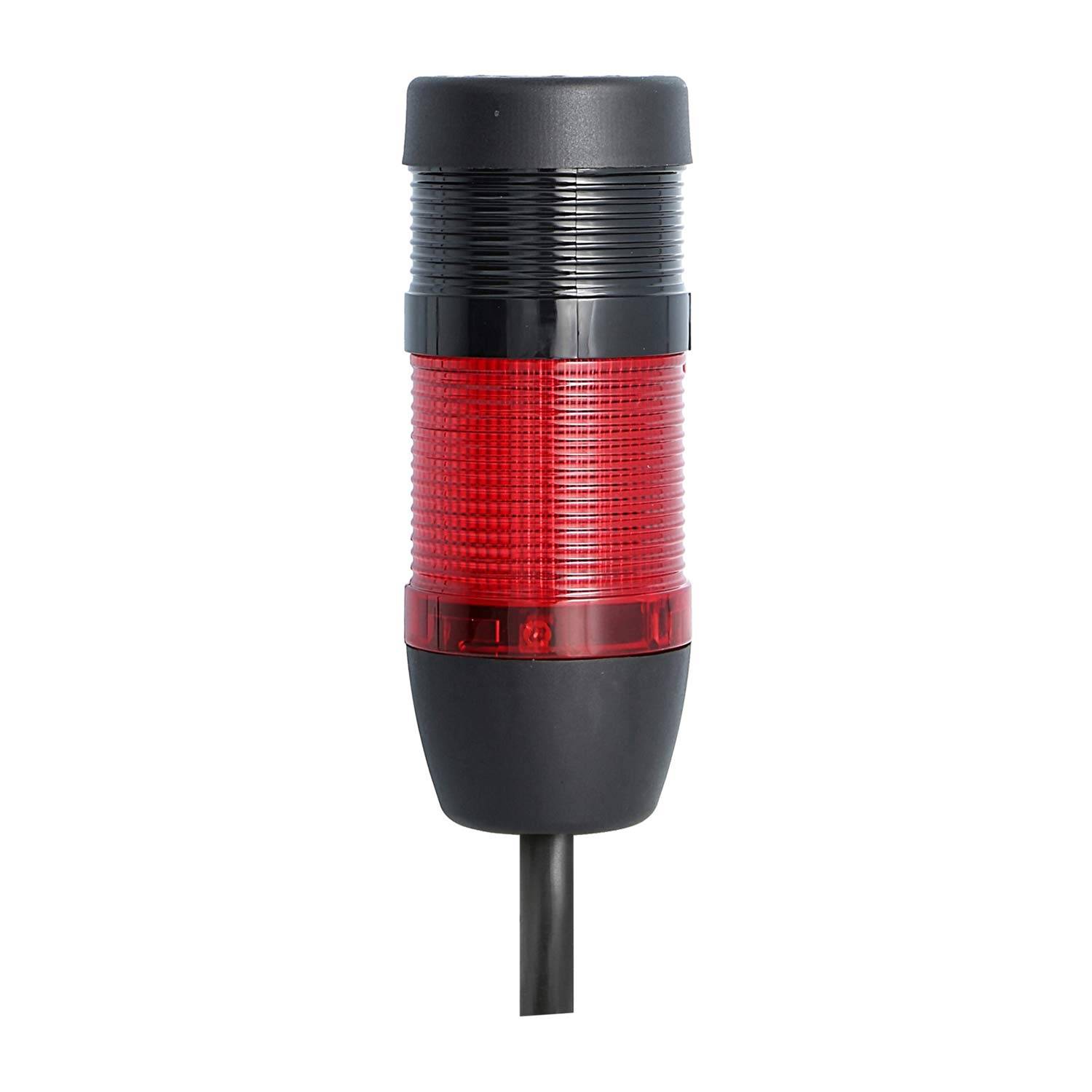 Eine zylindrische rote LED-Sicherheitssignalleuchte mit schwarzem Sockel und Kabel, die zur visuellen Warnung in industriellen Umgebungen eingesetzt wird.
