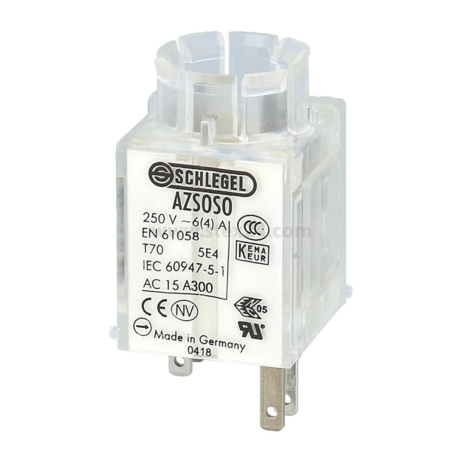 Schlegel AZ50SO' elektrische Komponente, 250V, 6(4)A, T70 bewertet, mit verschiedenen Zertifizierungssymbolen und Bewertungen, hergestellt in Deutschland.