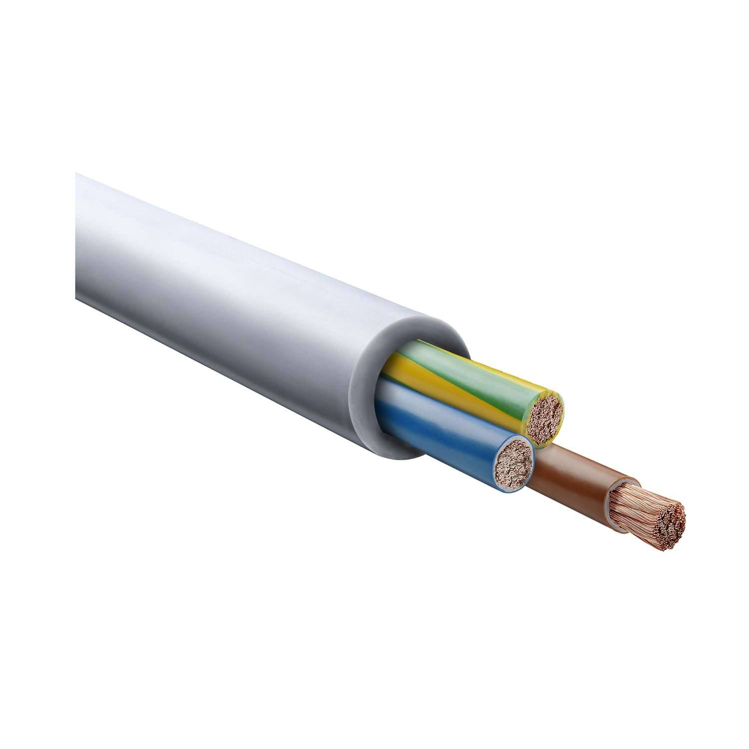 Ein Querschnittsbild eines elektrischen Kabels, das drei Drähte in verschiedenen Farben zeigt: grün/gelb, blau und braun, die in einer weißen Ummantelung untergebracht sind.