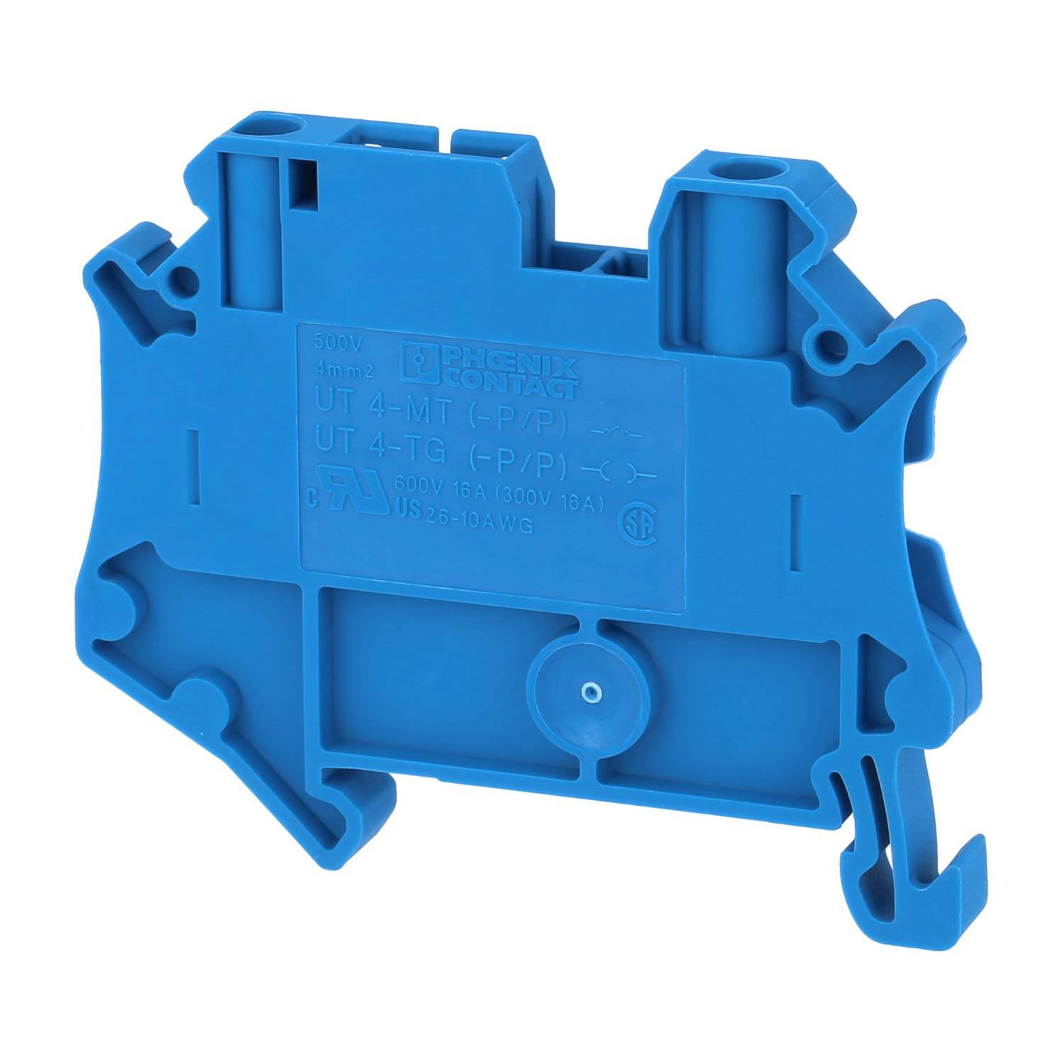 Ein blauer Klemmenblock, UT 4-MT, entwickelt für elektrische Verbindungen und zur Montage auf einer DIN-Schiene. Er verfügt über mehrere Schlitze und Anschlüsse.