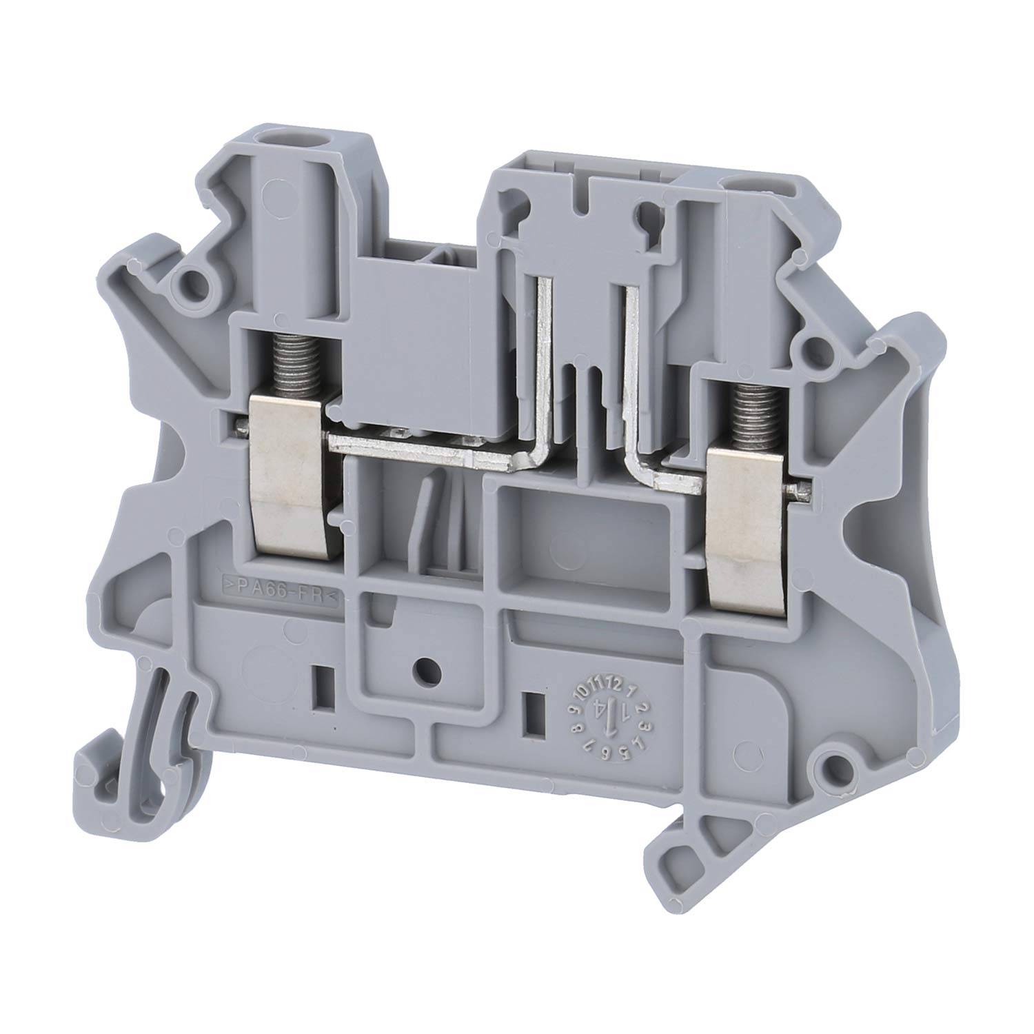 Grauer zweistufiger Klemmblock mit zwei Metallklemmen und Anschlussanschlüssen, der in Elektrosystemen zur Drahtorganisation und Sicherheit verwendet wird.