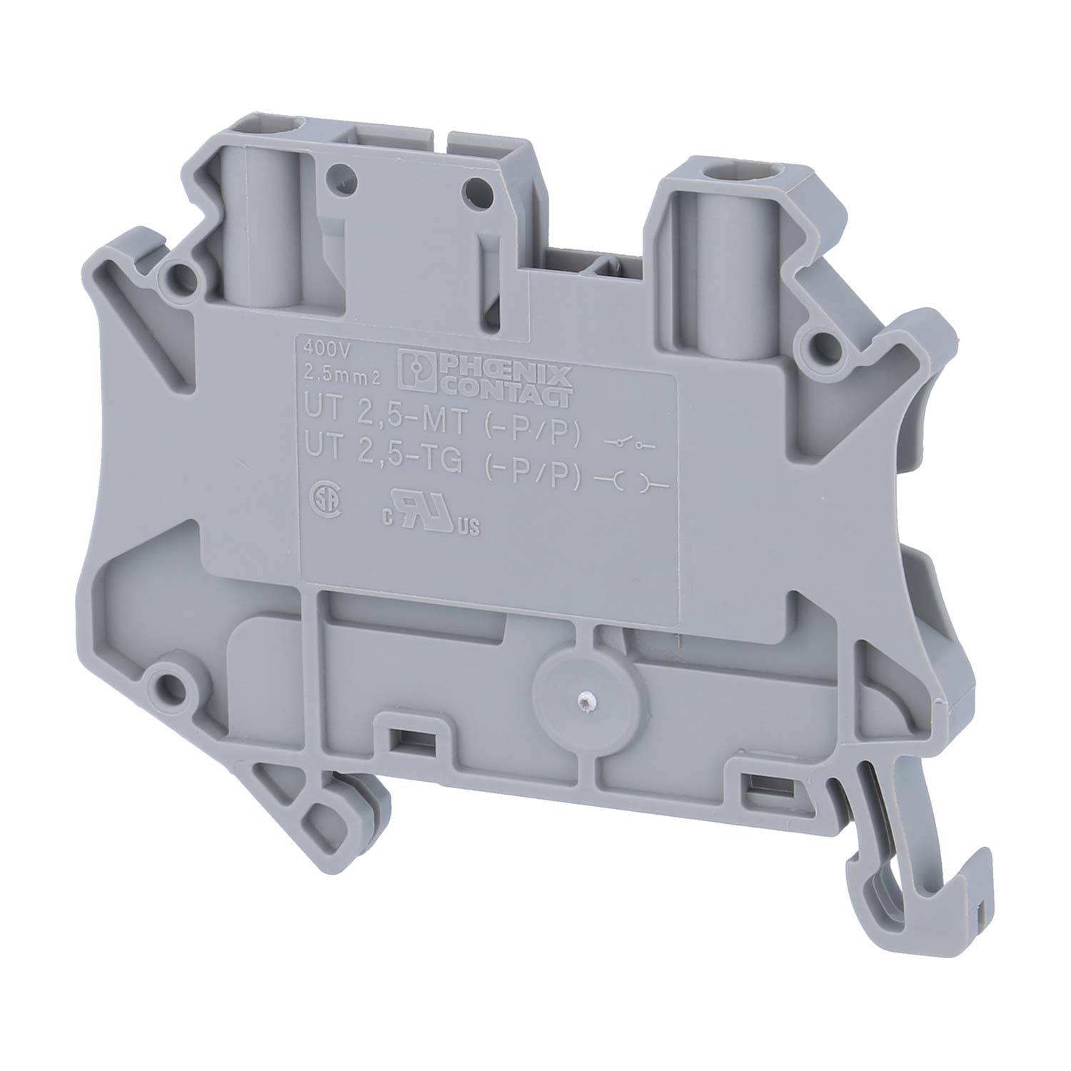 Ein grauer Klemmenblock mit der Bezeichnung „Phoenix Contact UT 2.5-MT
