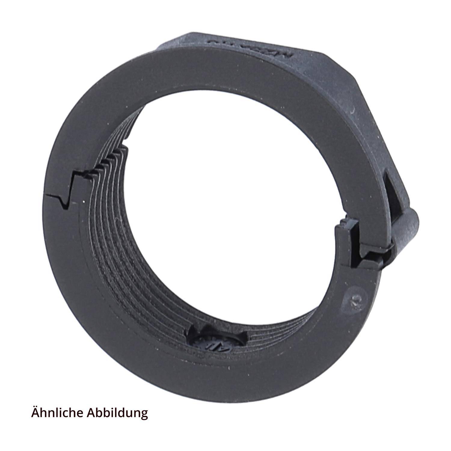 Eine schwarze kunststoffkreisförmige Komponente mit Innengewinde, möglicherweise für mechanische oder industrielle Anwendungen, mit einer kleinen Lasche am Rand.