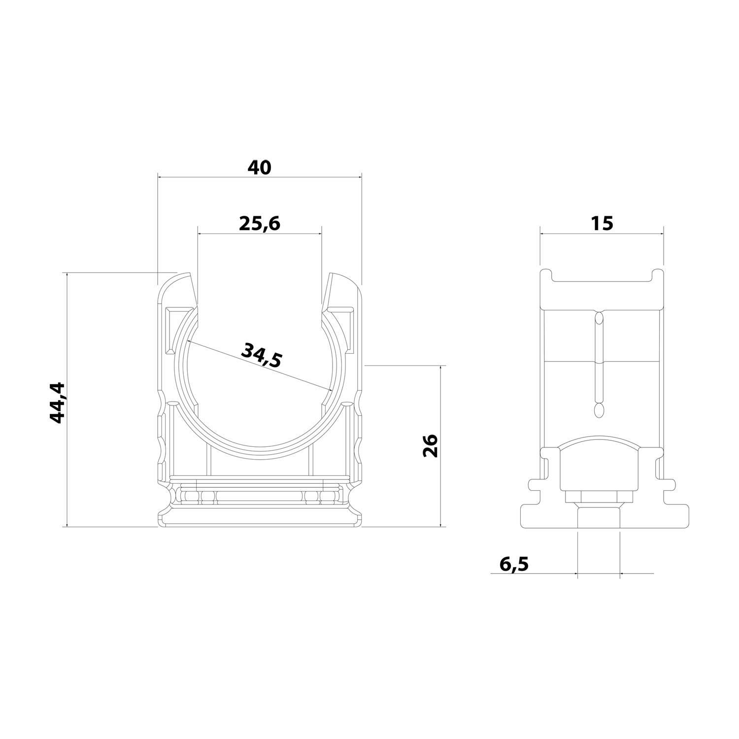 Technische Zeichnung eines mechanischen Teils mit beschrifteten Abmessungen. Vorderansicht: 44,4 mm Höhe, 40 mm Breite, 34,5 mm Öffnung. Seitenansicht: 15 mm Tiefe.