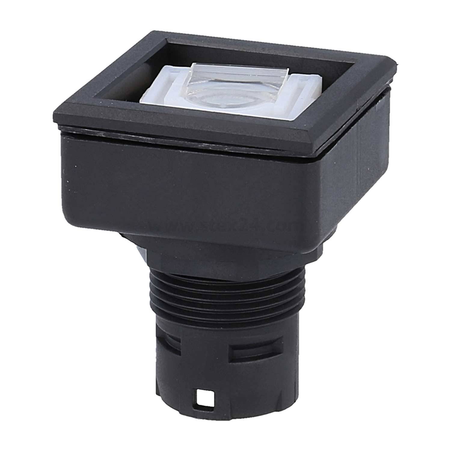 Ein schwarzer quadratischer wasserdichter Knopf mit gerippten Seiten und einer transparenten Abdeckung, konzipiert für den Einsatz in elektronischen Geräten.