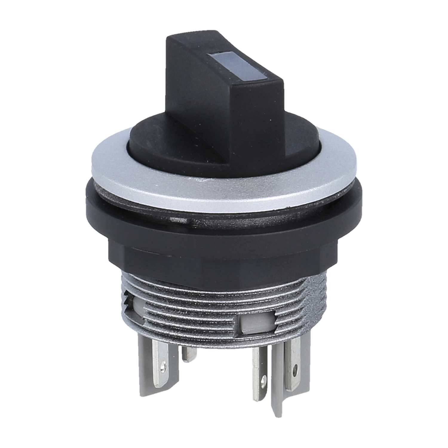 Ein rundes Kippschalter hat einen schwarzen, länglichen Hebel, einen silbernen Ring und vier Metallstifte für elektrische Anschlüsse.