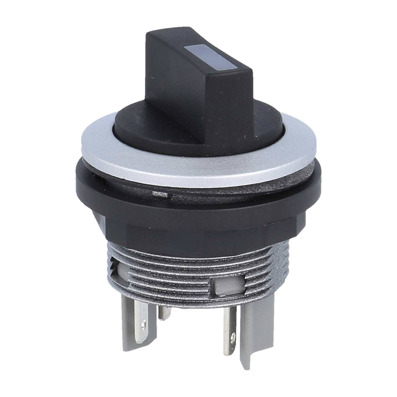 Ein schwarzer Drehschalter mit silberfarbenem Metallrand und drei Anschlüssen an der Unterseite, der zur Steuerung elektrischer Schaltkreise verwendet wird.