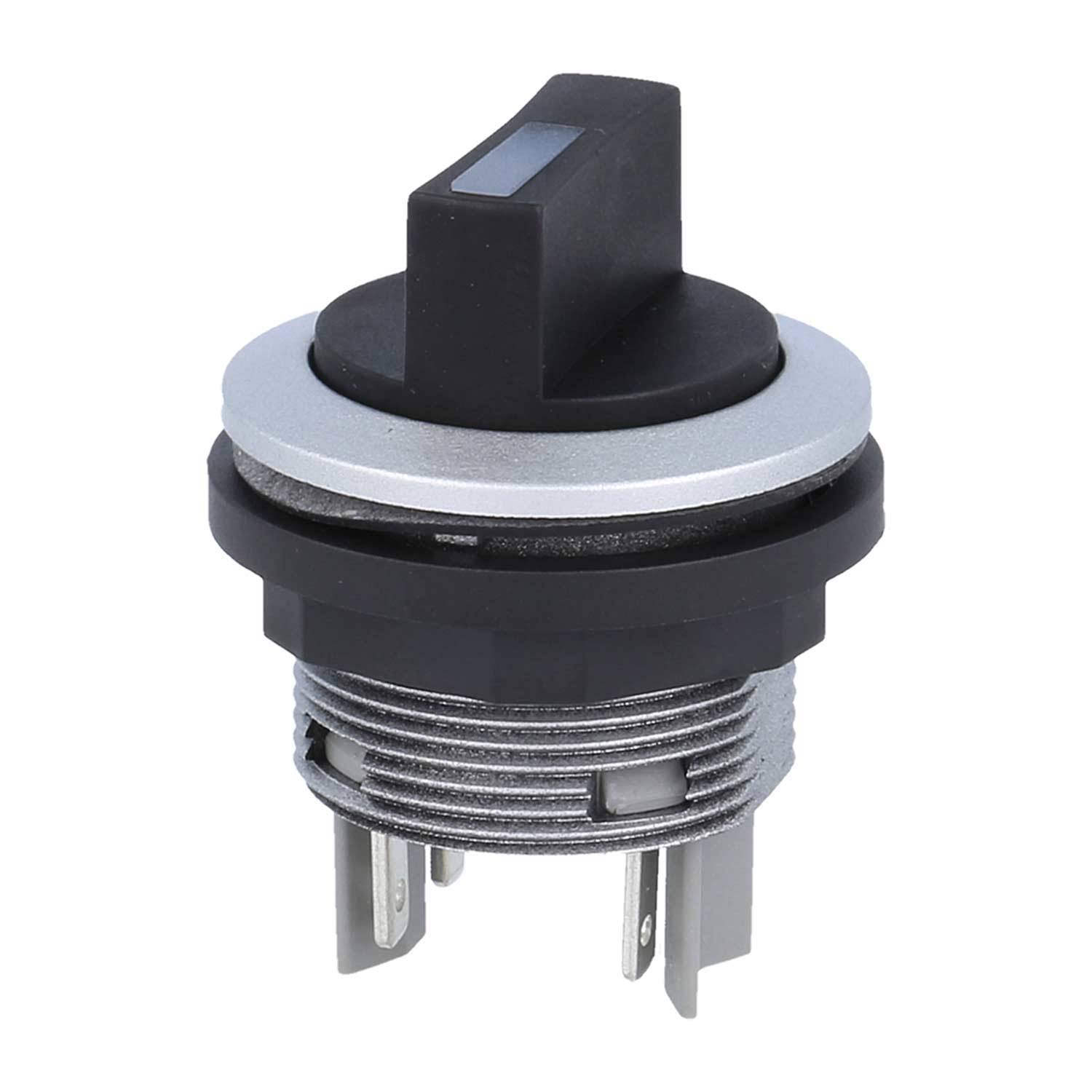 Ein schwarz-silberner Drehschalter mit einem erhöhten Griff, der eine metallische Gewindebasis und drei Anschlusspins für elektronische Installationen zeigt.