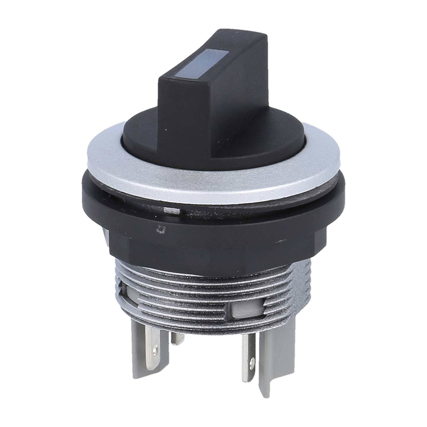Ein schwarzer Drehschalter mit silberner Basis und metallischen Anschlüssen darunter, ausgelegt für elektrische oder elektronische Anwendungen.