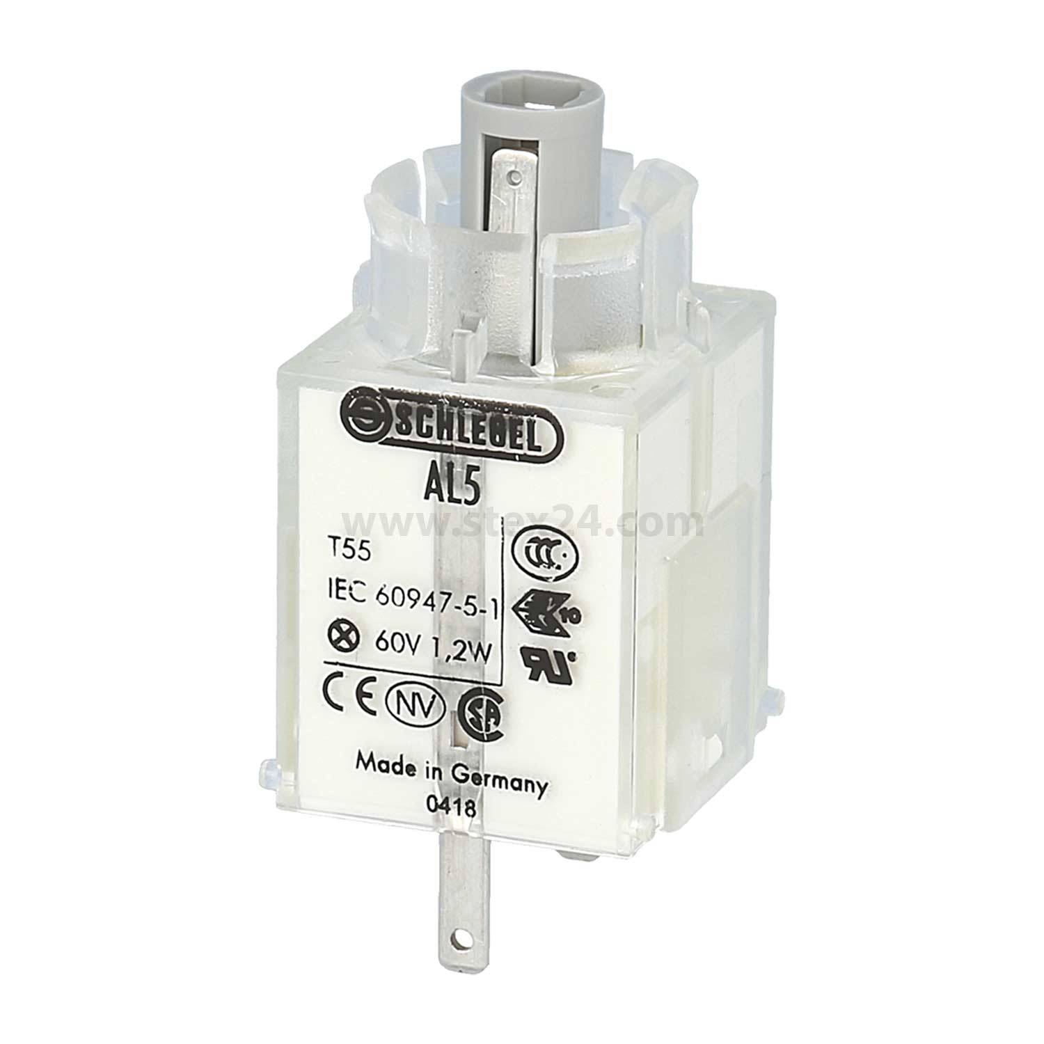 Elektrisches Bauteil mit der Bezeichnung 'Schlegel AL5', IEC 60947-5-1, 60V, 1,2W, hergestellt in Deutschland, Produktnummer 0418.