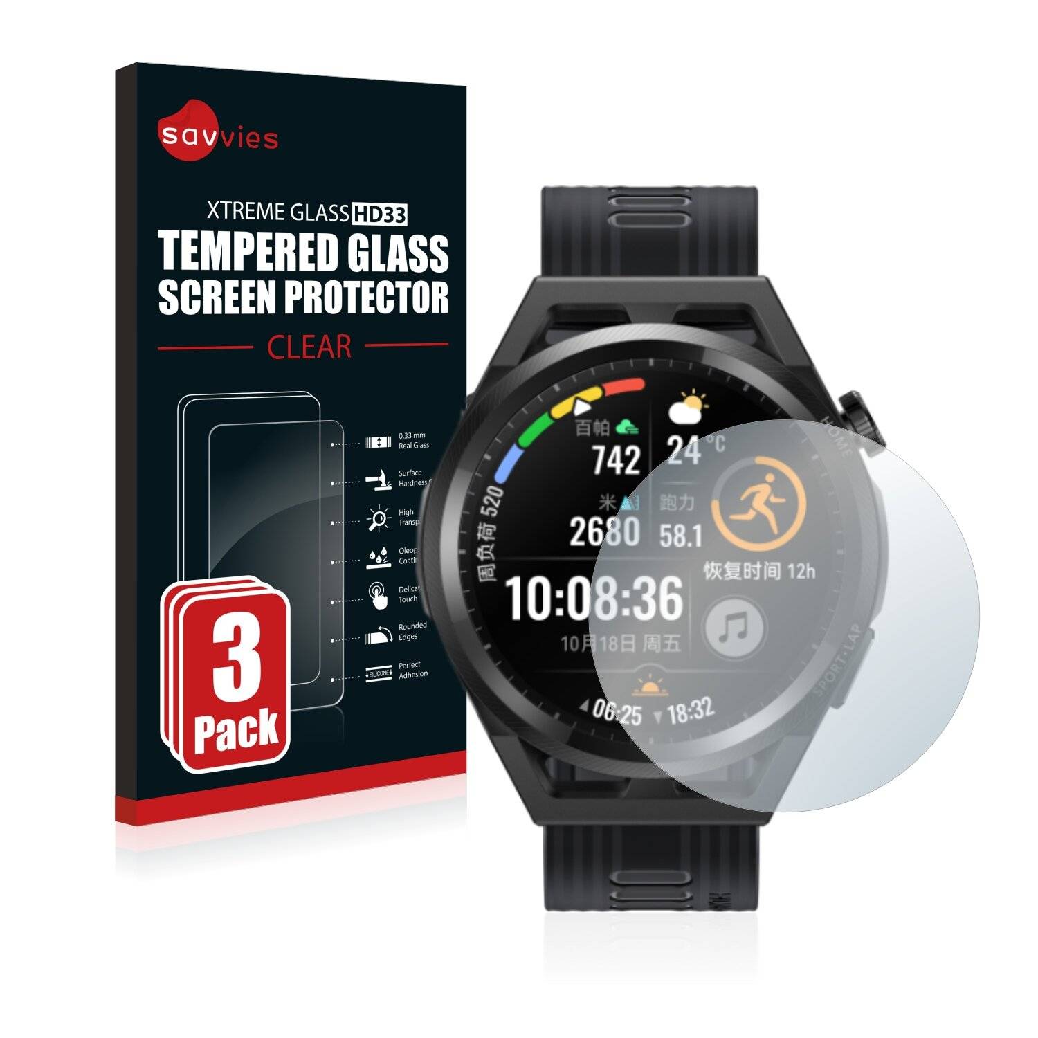 3x Savvies HD33 Clear Schutzglas für Huawei Watch GT