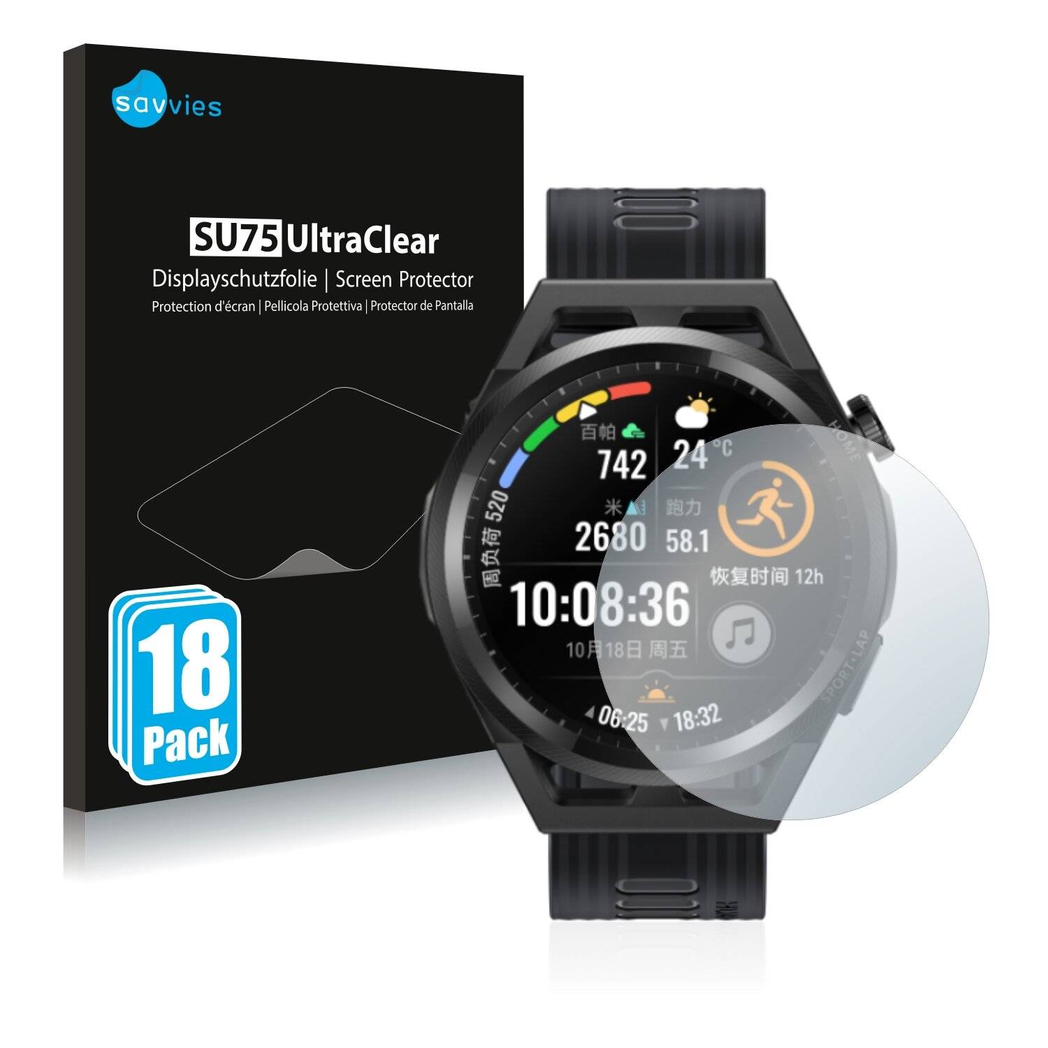 18x Savvies SU75 Displayschutzfolie für Huawei Watch GT