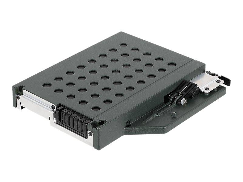 Eine graue Plattform aus Lochblech für Ausrüstung mit einem aufklappbaren Seitenmechanismus, isoliert auf weißem Hintergrund dargestellt.