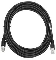 Aufgerolltes schwarzes Ethernet-Kabel mit RJ45-Steckern an beiden Enden.