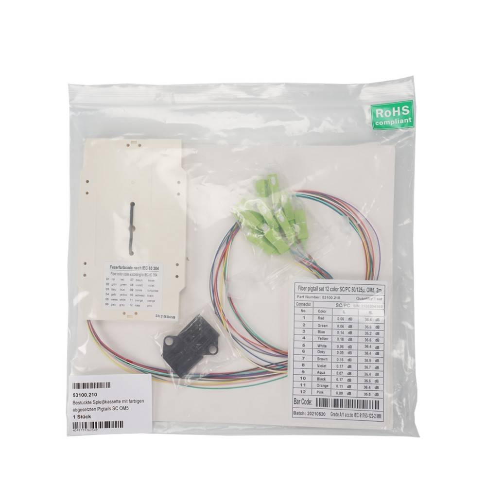 Tasche mit elektronischen Komponenten, einschließlich Kabeln, Anschlüssen, einer Leiterplatte und Anleitungen, gekennzeichnet mit Spezifikationen und RoHS-konform.