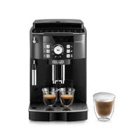 Schwarze automatische Espressomaschine, die zwei kleine Kaffeetassen brüht, mit einem separaten Latte-Glas daneben.