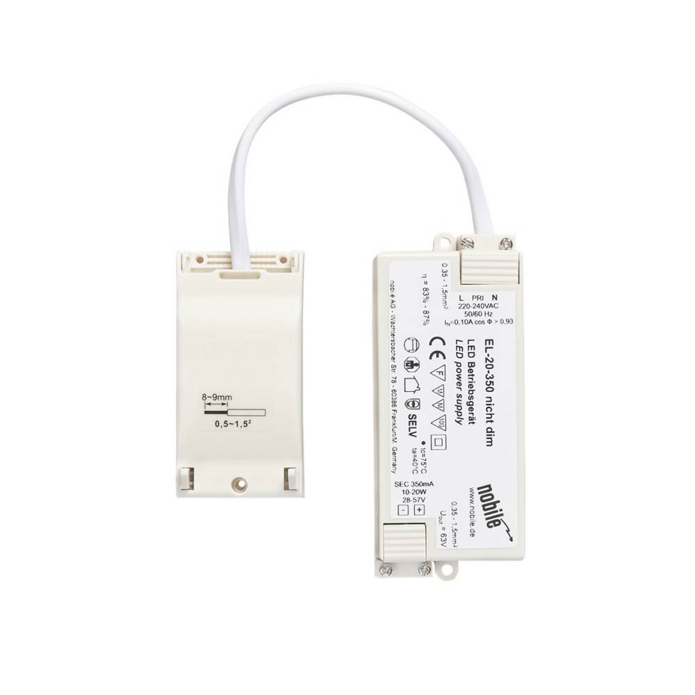 Ein weißes rechteckiges Netzteil mit angeschlossenen Kabeln, das verschiedene Zertifizierungssymbole, das Markenlogo 'noblelift' und technische Spezifikationen zeigt.