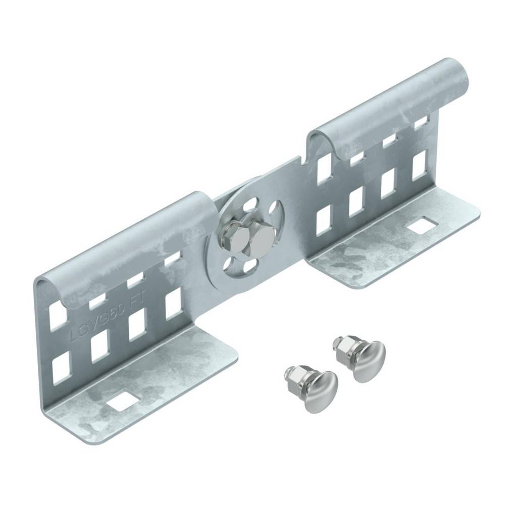 Metall-Montagehalterung mit mehreren quadratischen Schlitzen und zentraler runder Aussparung, versehen mit zwei kleinen Schrauben zur Befestigung.