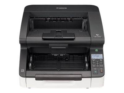 Canon imageFORMULA Dokumentenscanner in Schwarz mit automatischem Einzug und Bedienfeld zum Scannen von gestapelten Papieren.
