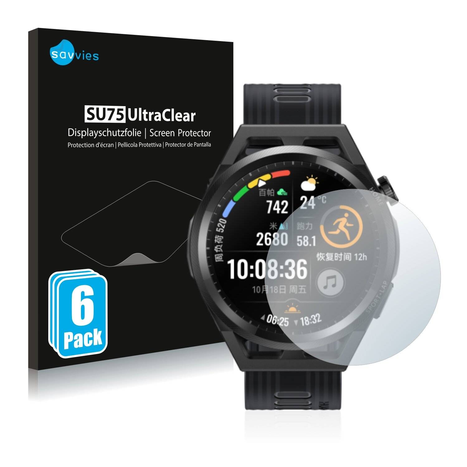 6x Savvies SU75 Displayschutzfolie für Huawei Watch GT