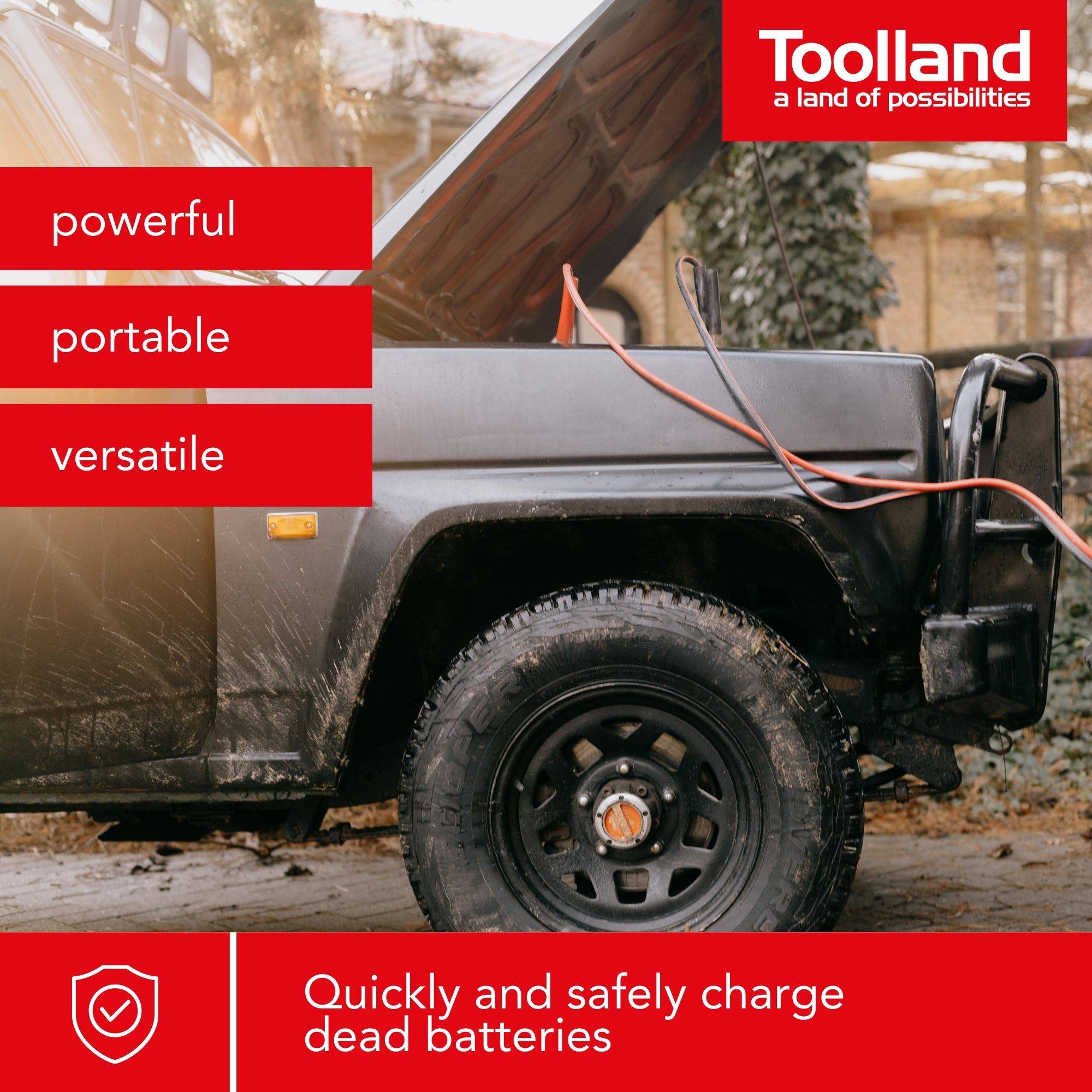 Toolland-Anzeige mit einem tragbaren Batterieladegerät, das mit einem Fahrzeug verbunden ist, mit dem Text „leistungsstark
