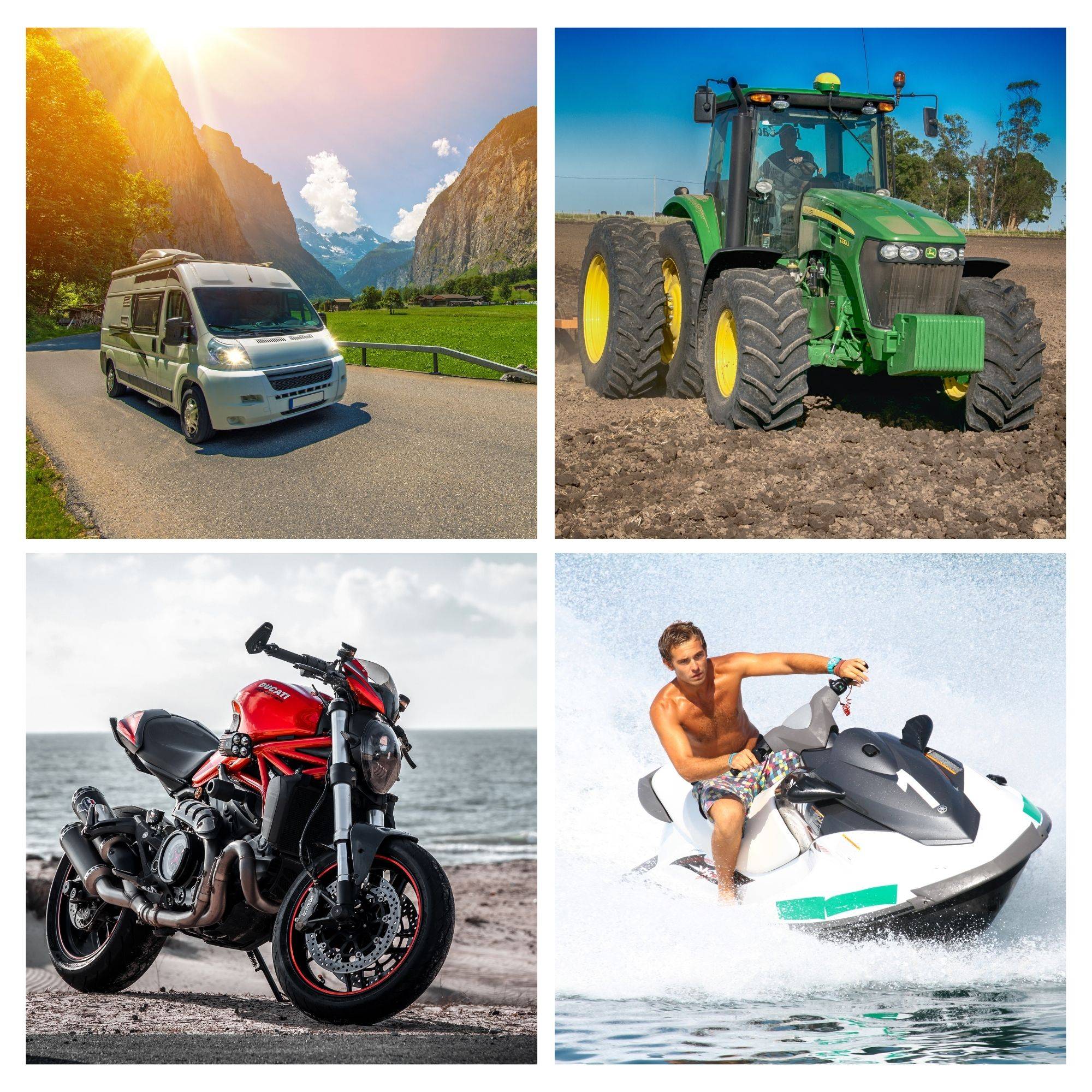 Vier Fahrzeugfotos: ein Transporter auf einer Bergstraße, ein grüner Traktor auf einem Feld, ein rotes Sportmotorrad am Meer und ein Mann auf einem Jetski.